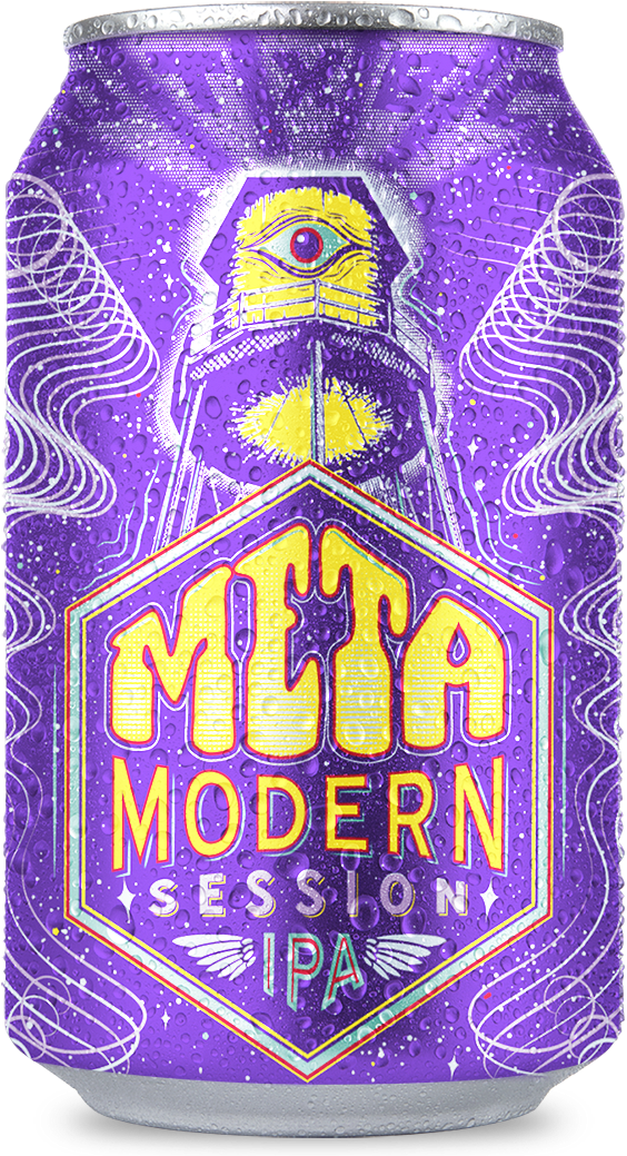 Meta Modern Session IPA 啤酒罐設計 壁紙 — 一個充滿活力的紫色啤酒罐，帶有迷幻外星人頭和粗體黃色文字「META MODERN SESSION IPA」。