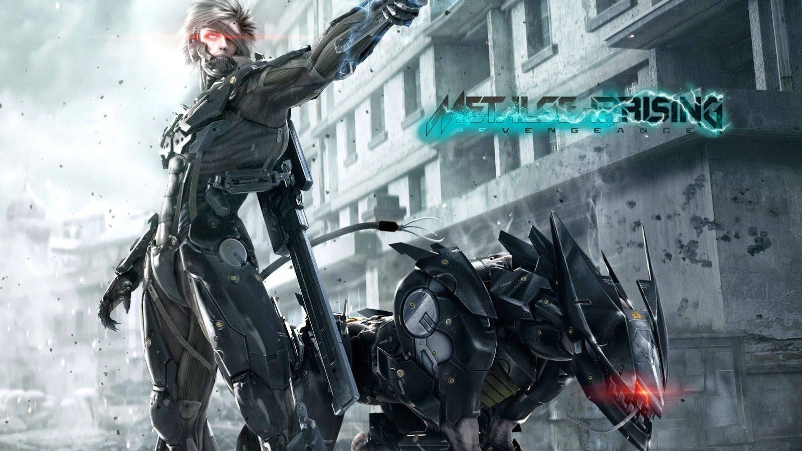 酷炫遊戲 Metal Gear Rising 壁紙 — 一位擁有發光紅眼的機械戰士，在廢墟城市戰場上挑釁地站在機械狗旁邊。
