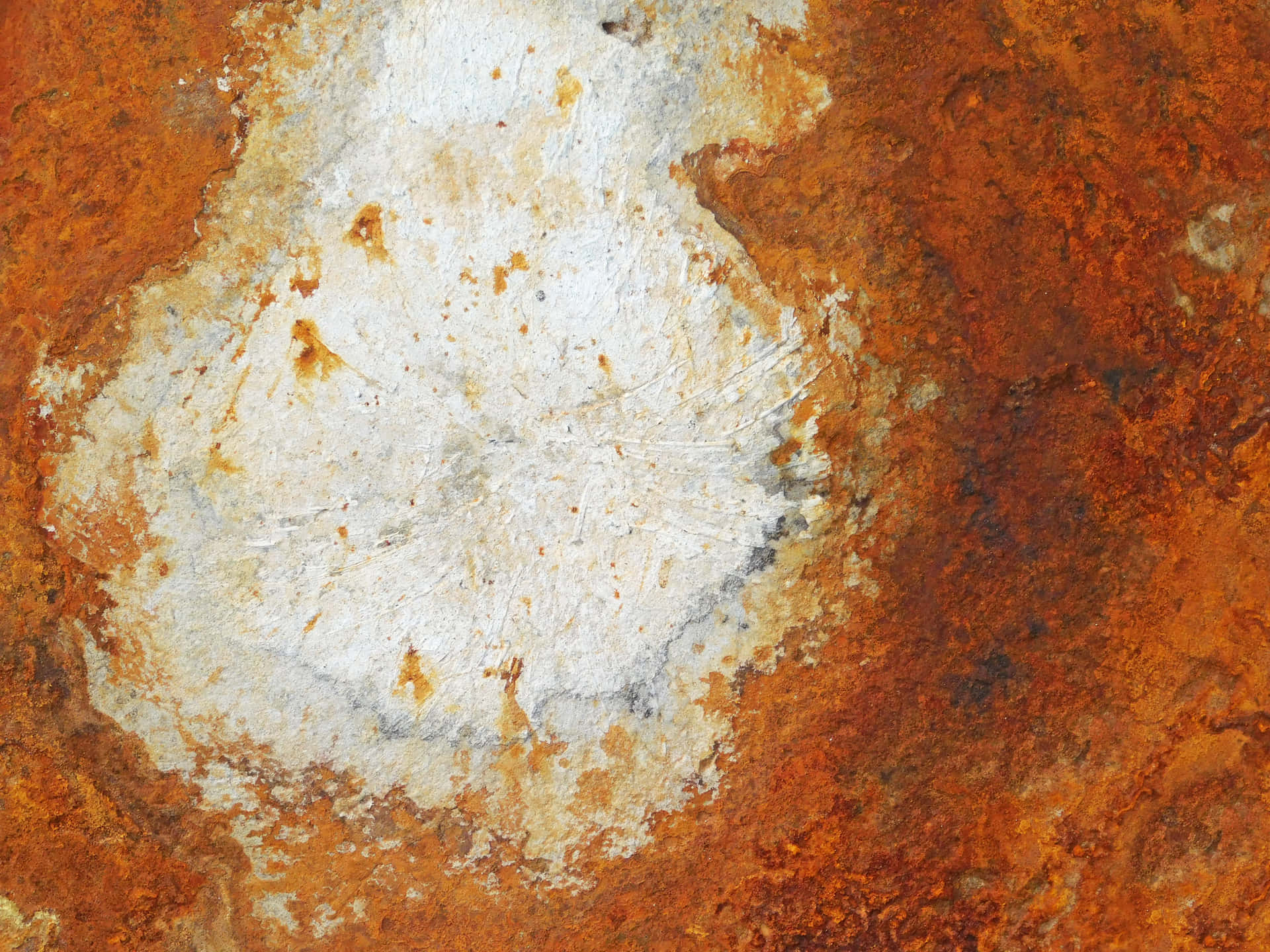 生鏽金屬表面，剝落白色油漆，橙色棕色腐蝕