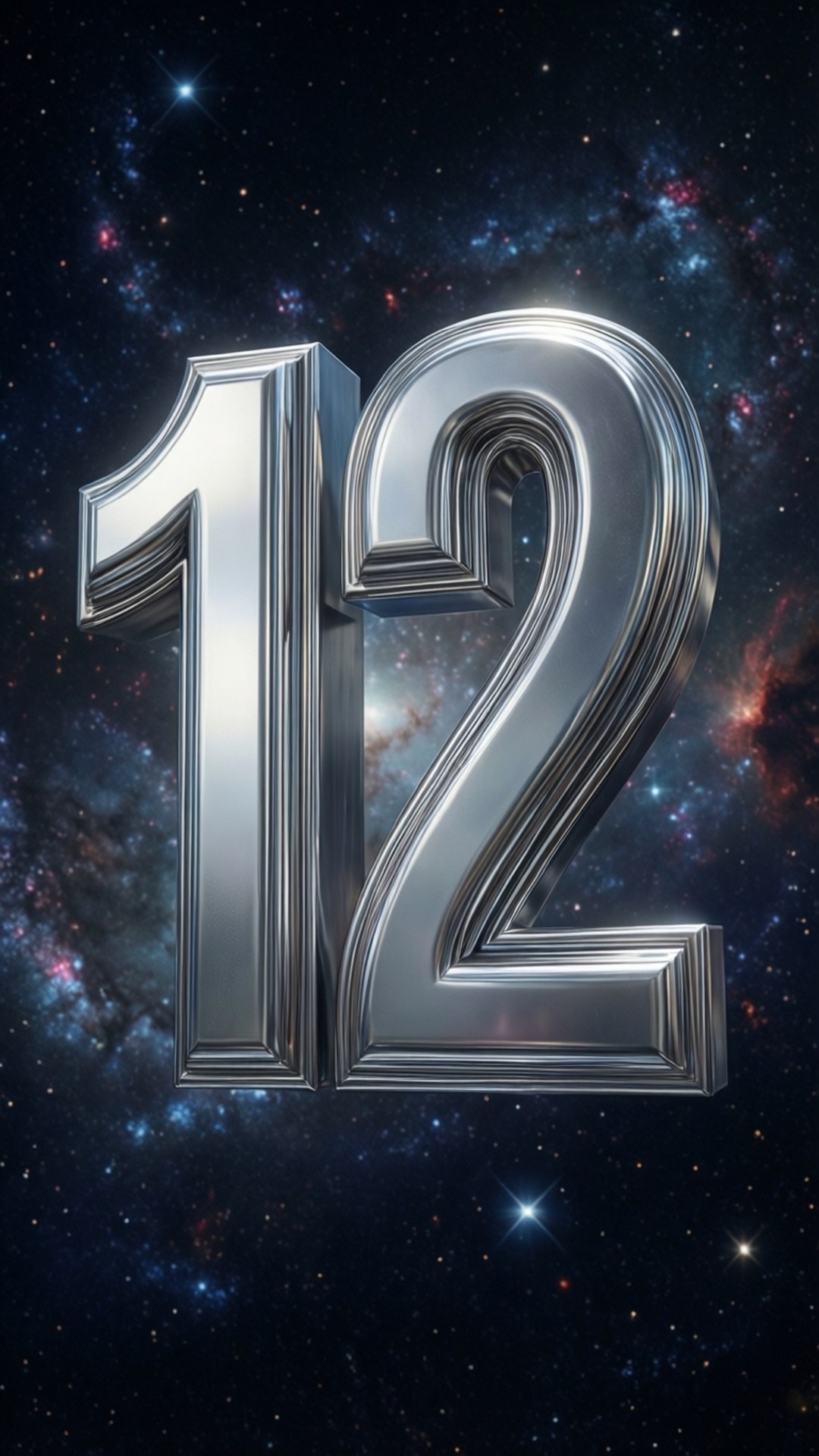 閃亮的鉻金屬數字十二，置於星空宇宙背景中，帶有彩色星雲。