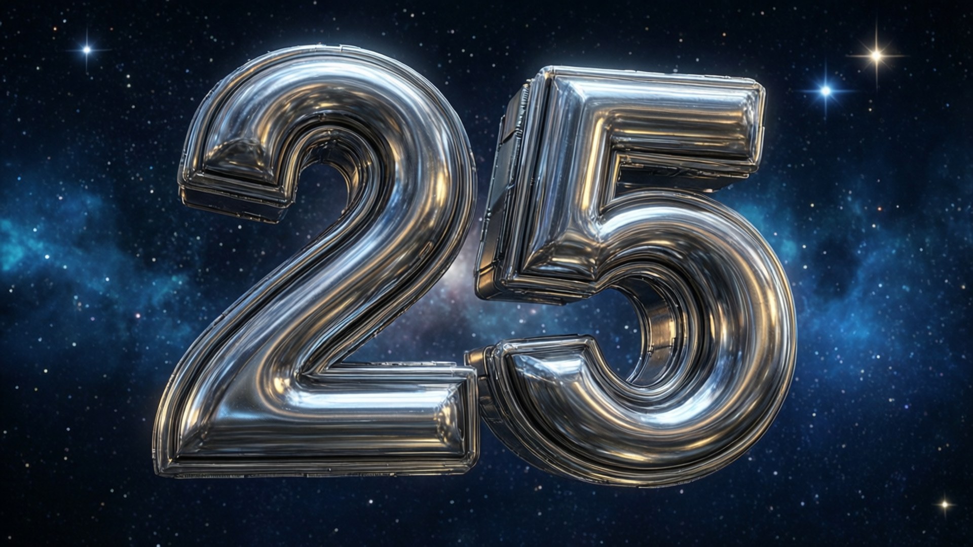 閃亮金屬數字25在星空太空背景上，伴隨著發光的星雲。