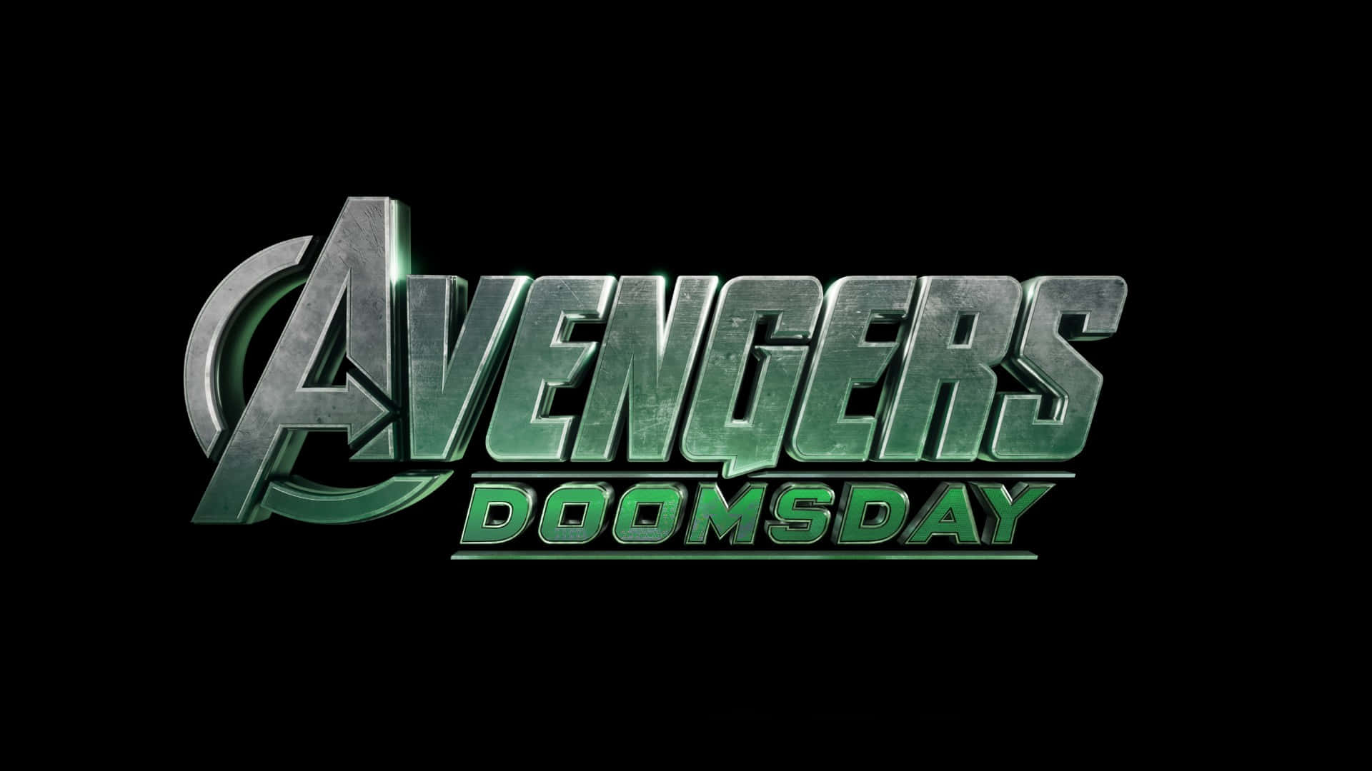  壁紙 — 金屬綠色嘅Avengers Doomsday標誌喺純黑背景上發光，帶有銳利燈光同大膽字體。
