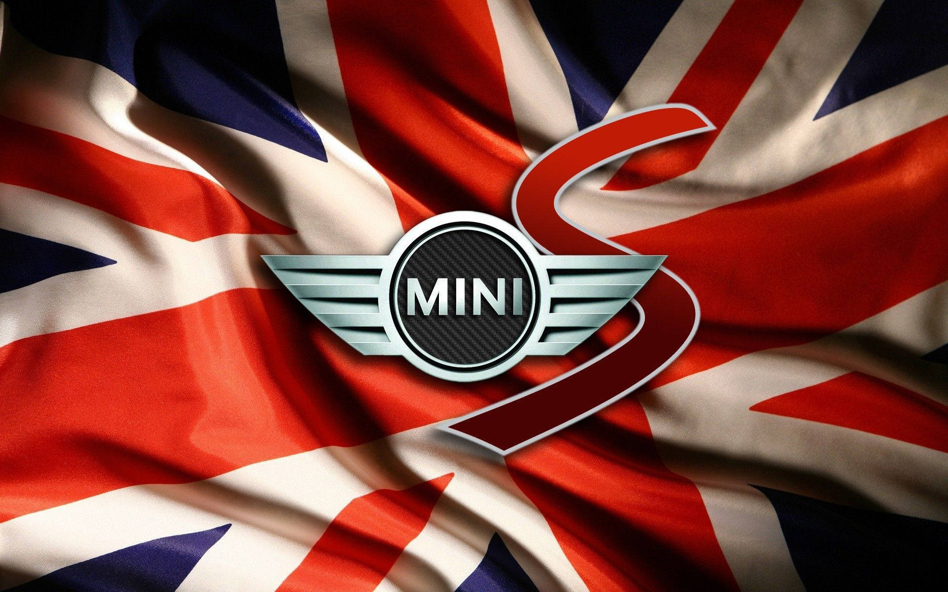 MINI S汽車標誌在飄揚的英國國旗背景上。