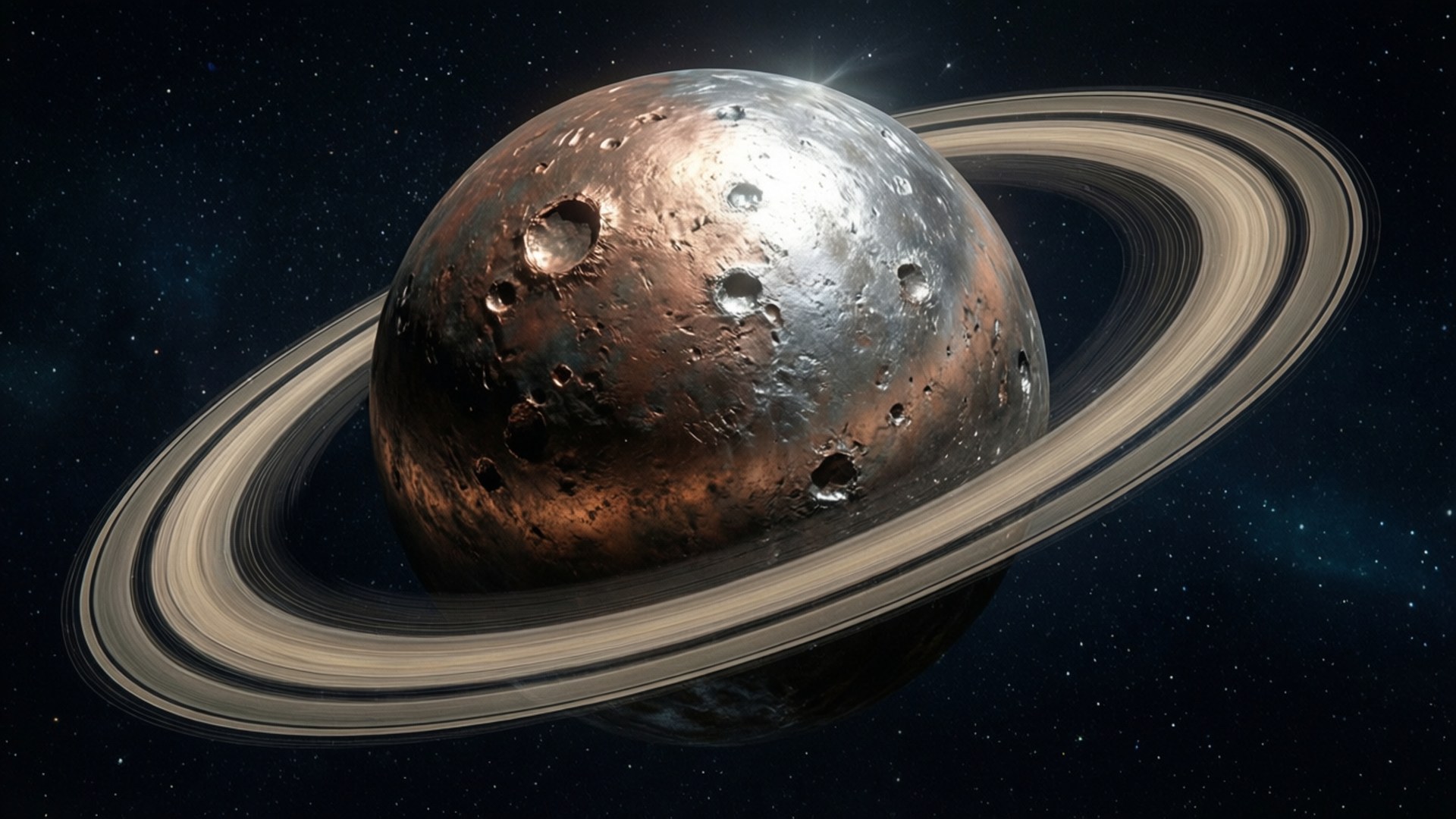 深空中一個佈滿隕石坑的金屬行星，帶有發光環