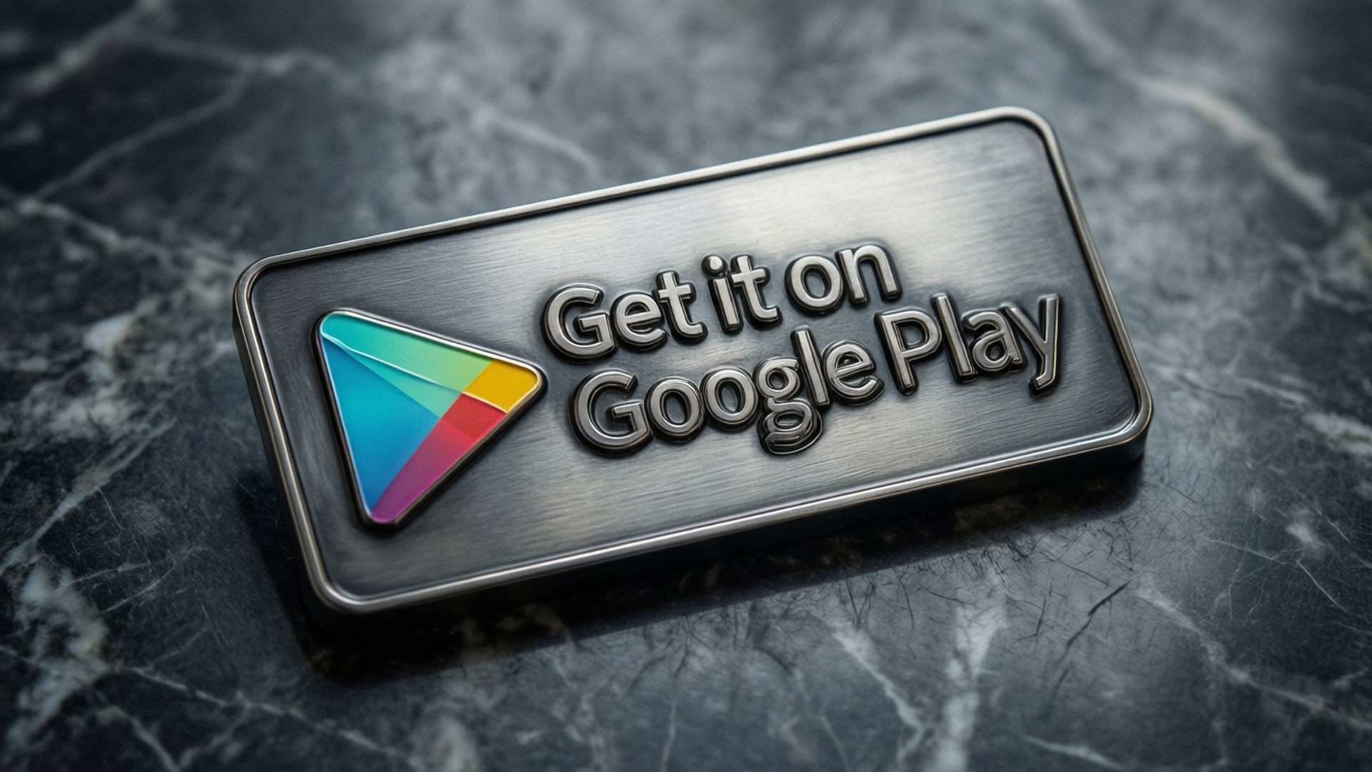 Metallic Premium Badge 壁紙 — 一個帶有彩色三角形標誌的金屬Google Play按鈕，放置在深色帶紋理的大理石表面上。