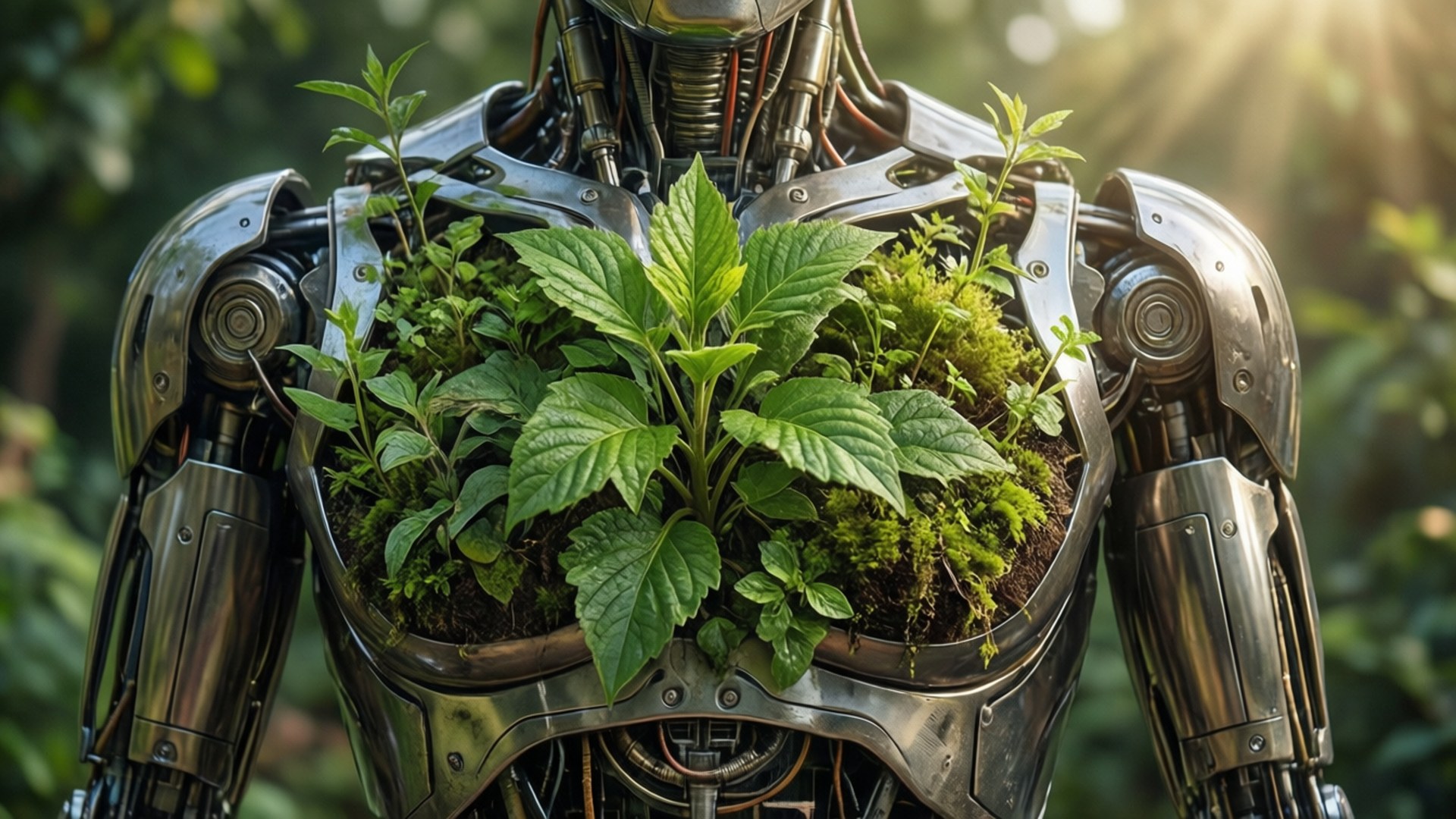 桌布 壁紙 — 一個金屬機械人軀幹在陽光普照的森林背景下，將茂盛的綠色植物和苔蘚抱在胸腔中。
