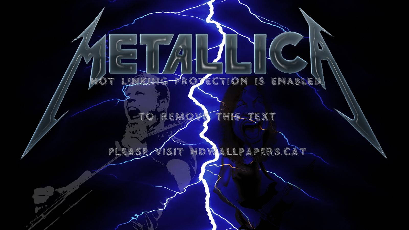 Metallica 樂隊標誌，帶有藍色閃電和深色剪影。