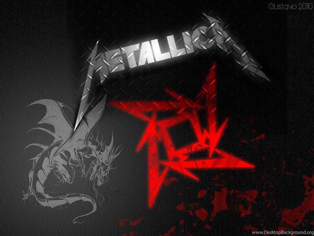 Metallica樂隊標誌，帶有紅色飛濺和龍的草圖，在深色背景上。