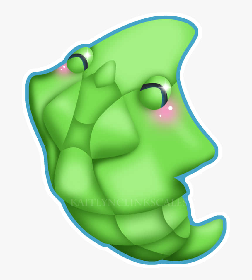 可愛快樂的 Metapod 壁紙 — 一個可愛的綠色卡通毛毛蟲，閉著眼睛，臉頰紅潤，數位插圖。