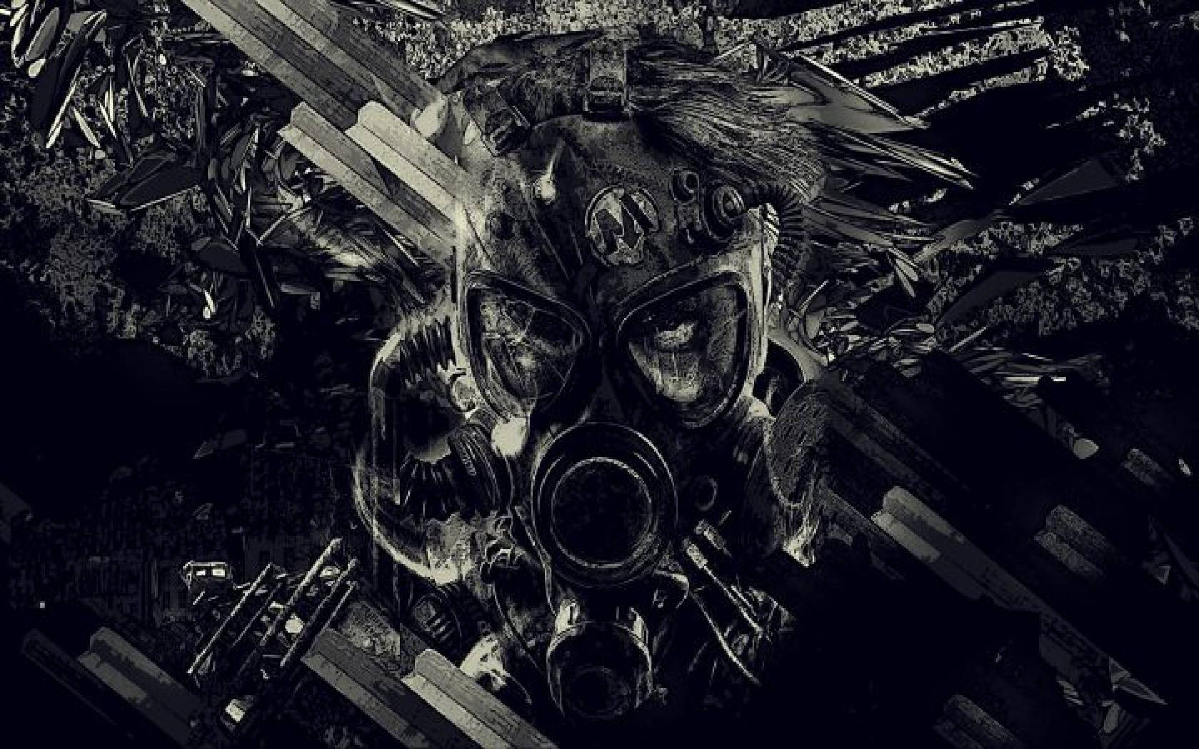 在黑暗的荒原場景中，防毒面具被破碎的混凝土和金屬包圍。