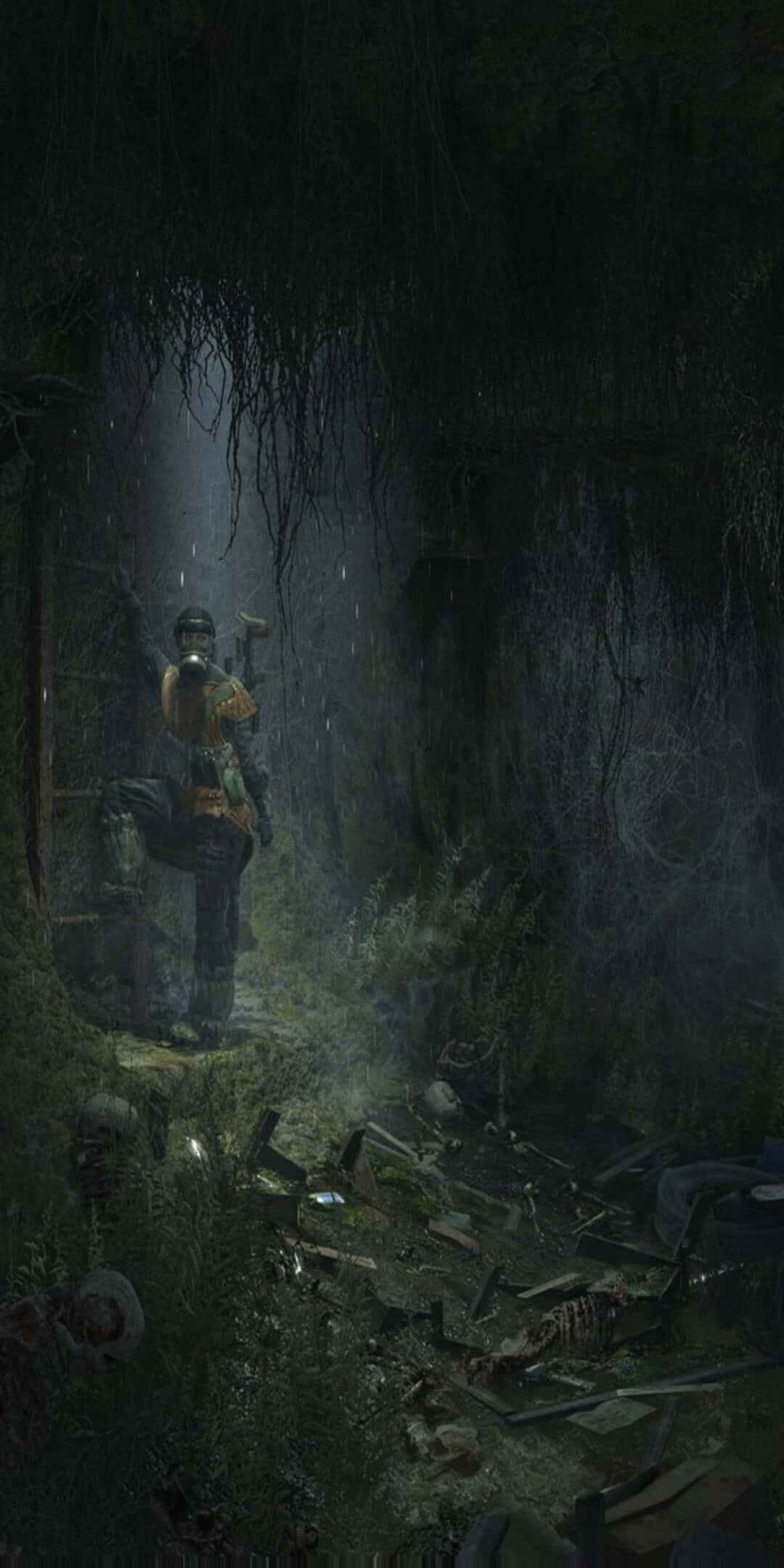《Metro 2033》主角 Artyom 遊戲角色廢棄地下室背景 壁紙 — 一個孤獨的裝甲身影站在一個被雨水浸透、雜草叢生的廢墟中，頭頂是懸垂的藤蔓和迷霧形成的天篷。
