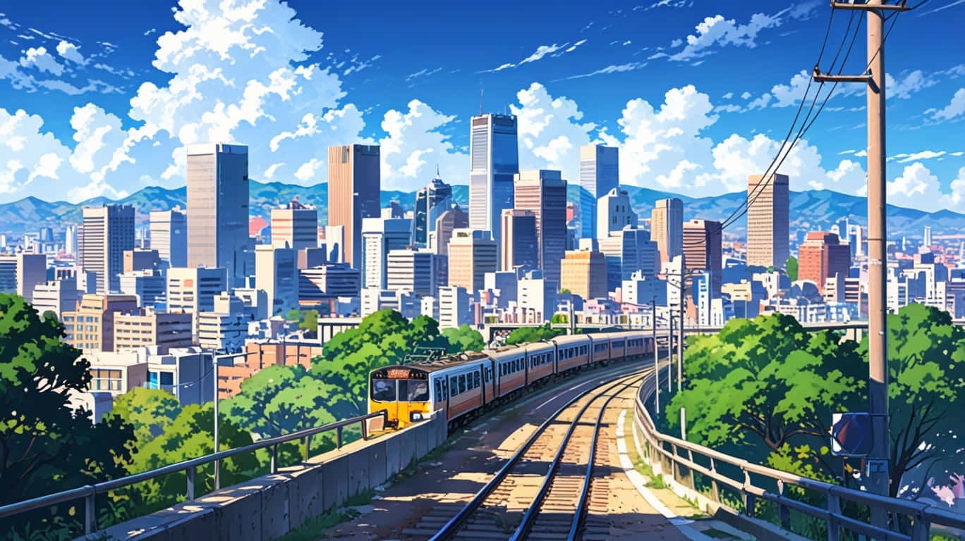 Metro City Trains Animated 壁紙 — 一列充滿活力的動畫風格火車蜿蜒穿過茂密的綠植，朝向高聳的城市天際線，天空湛藍，白雲朵朵。