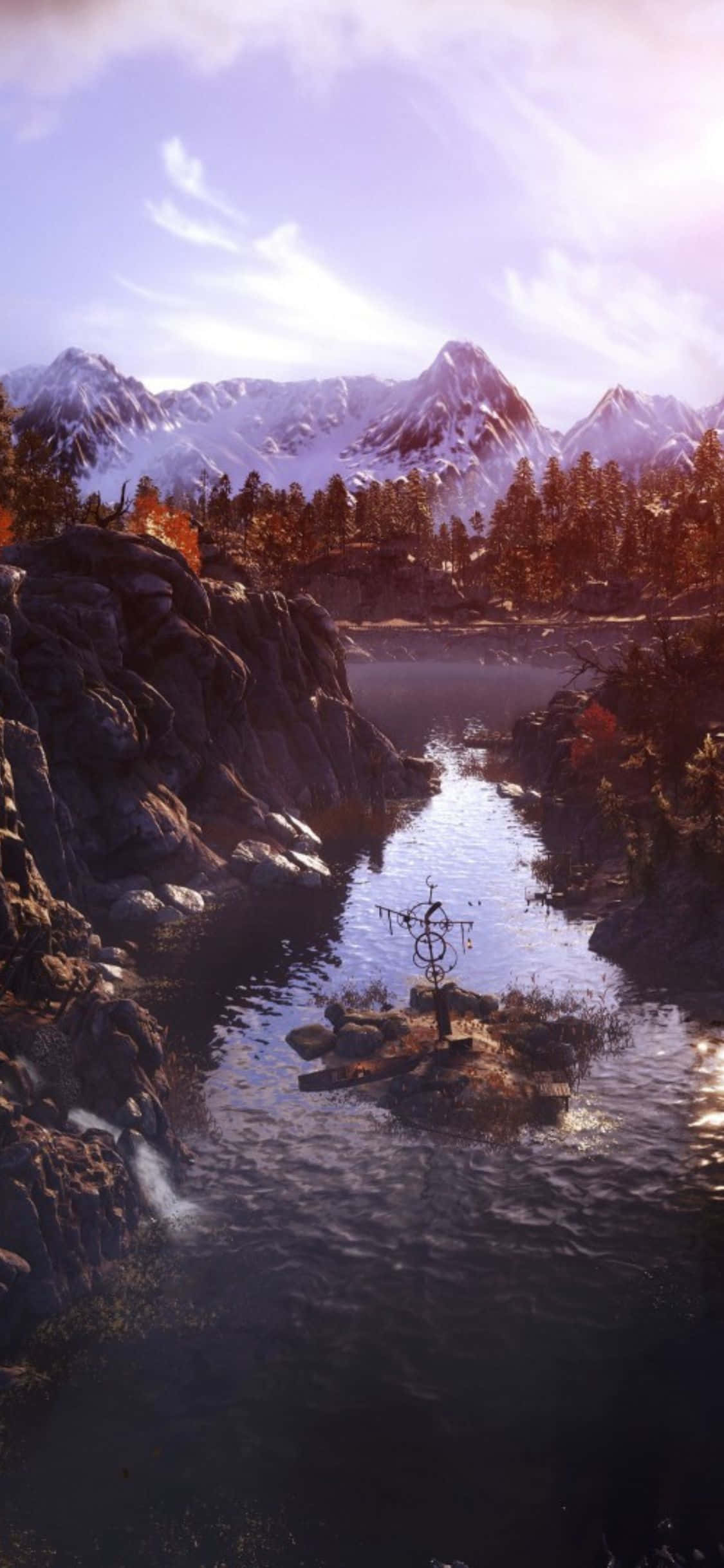 穿越末日莫斯科：《Metro Exodus》的壯闊旅程 壁紙 — 寧靜的山湖映照著白雪覆蓋的山峰和秋天的樹木，天空呈現柔和的紫色。