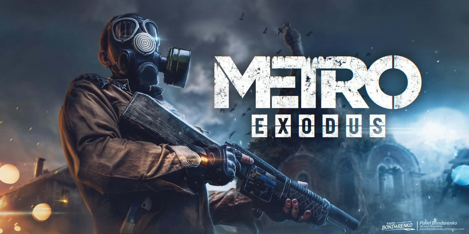 《Metro Exodus》數位關鍵藝術 3440x1440p 背景 壁紙 — 一名戴著防毒面具的士兵在風暴天空下，以廢墟城市為背景，握著霰彈槍，周圍有發光的燈光。