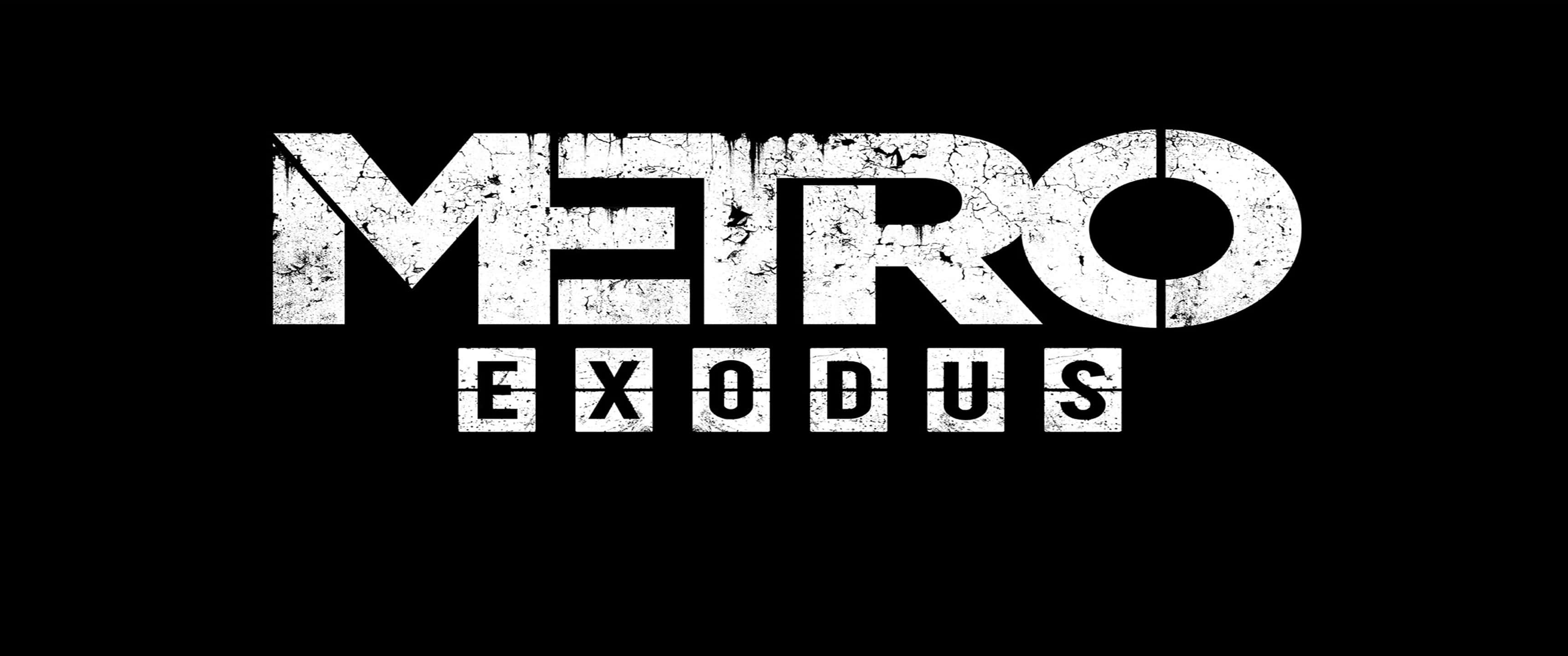 《Metro Exodus》關鍵藝術數位圖像 3440x1440p 背景 壁紙 — 粗體白色磨損文字在純黑色背景上顯示 Metro Exodus。