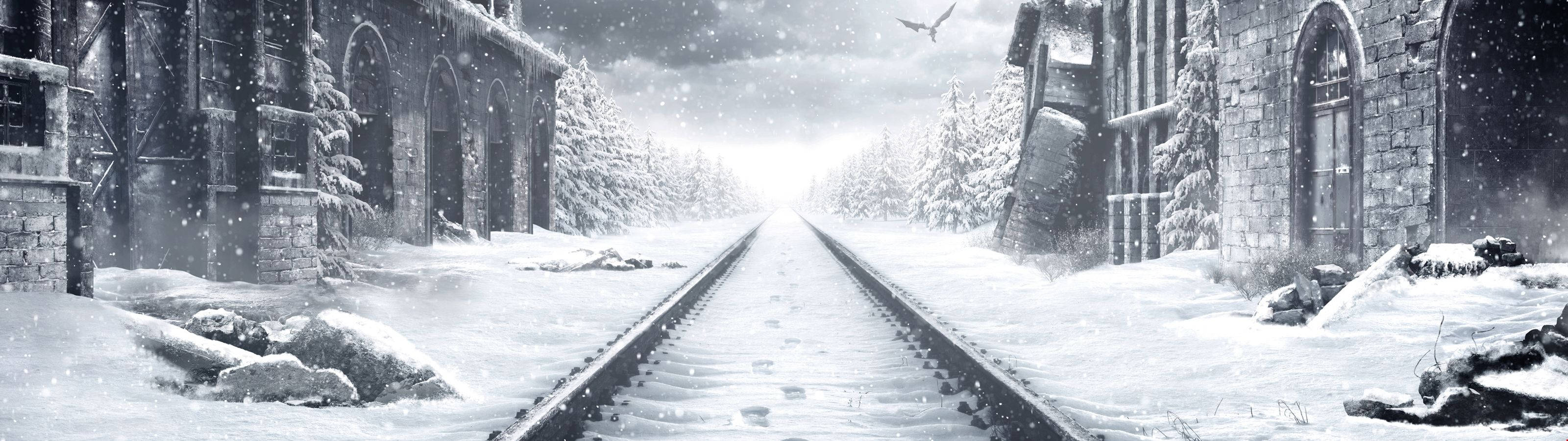白雪覆蓋的鐵路軌道在石頭建築之間，灰濛濛的冬日天空，有一隻鳥飛翔。