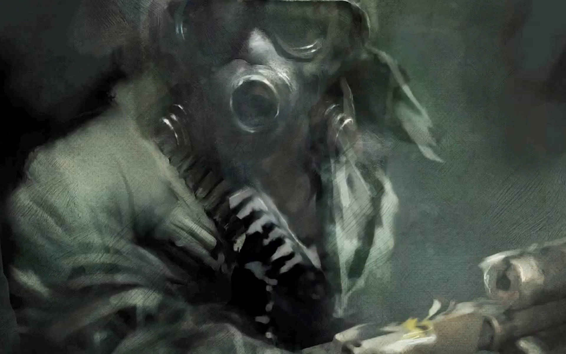 戴防毒面具的士兵在煙霧瀰漫的戰區持步槍。