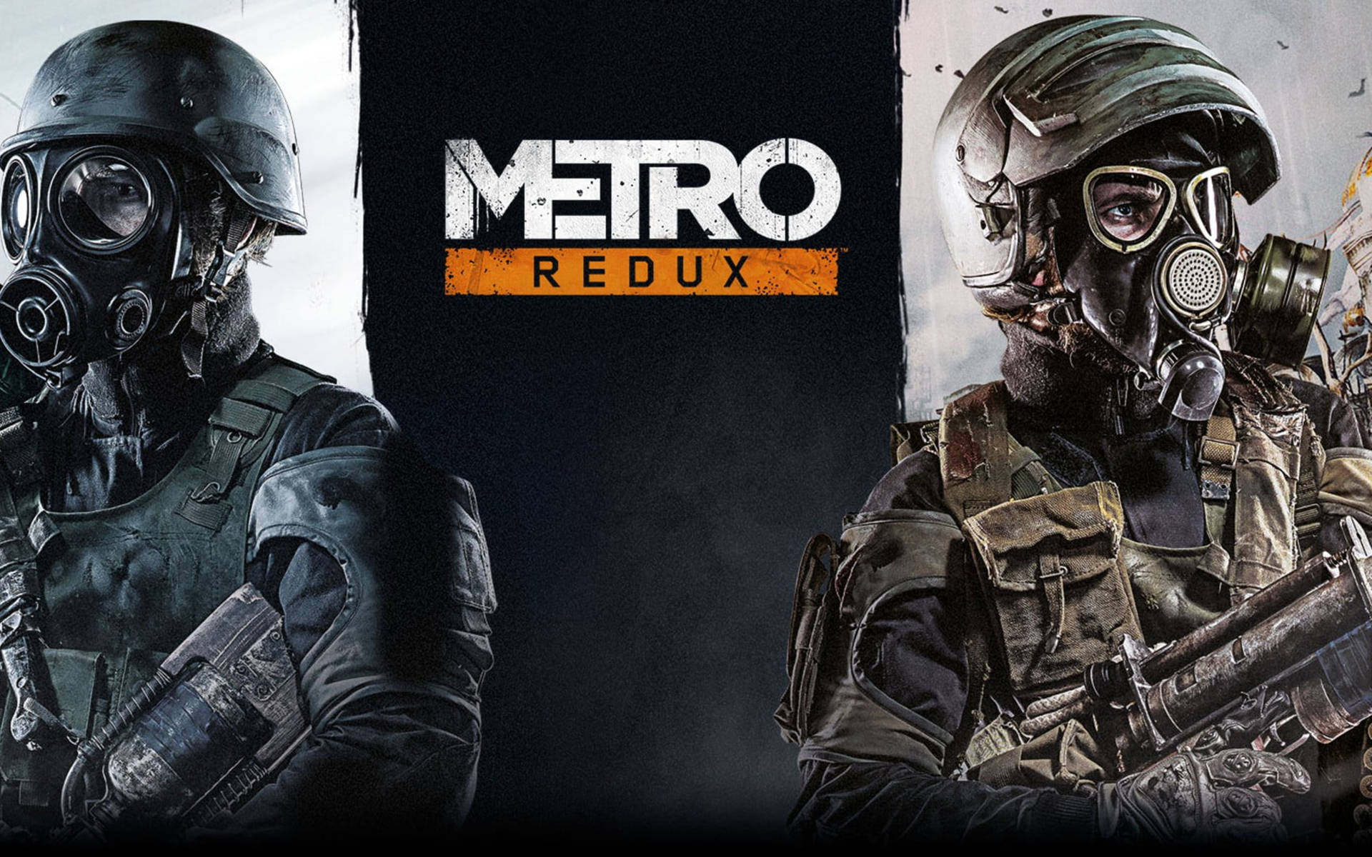 兩名戴著防毒面具的武裝士兵夾著 Metro Redux 遊戲標誌。