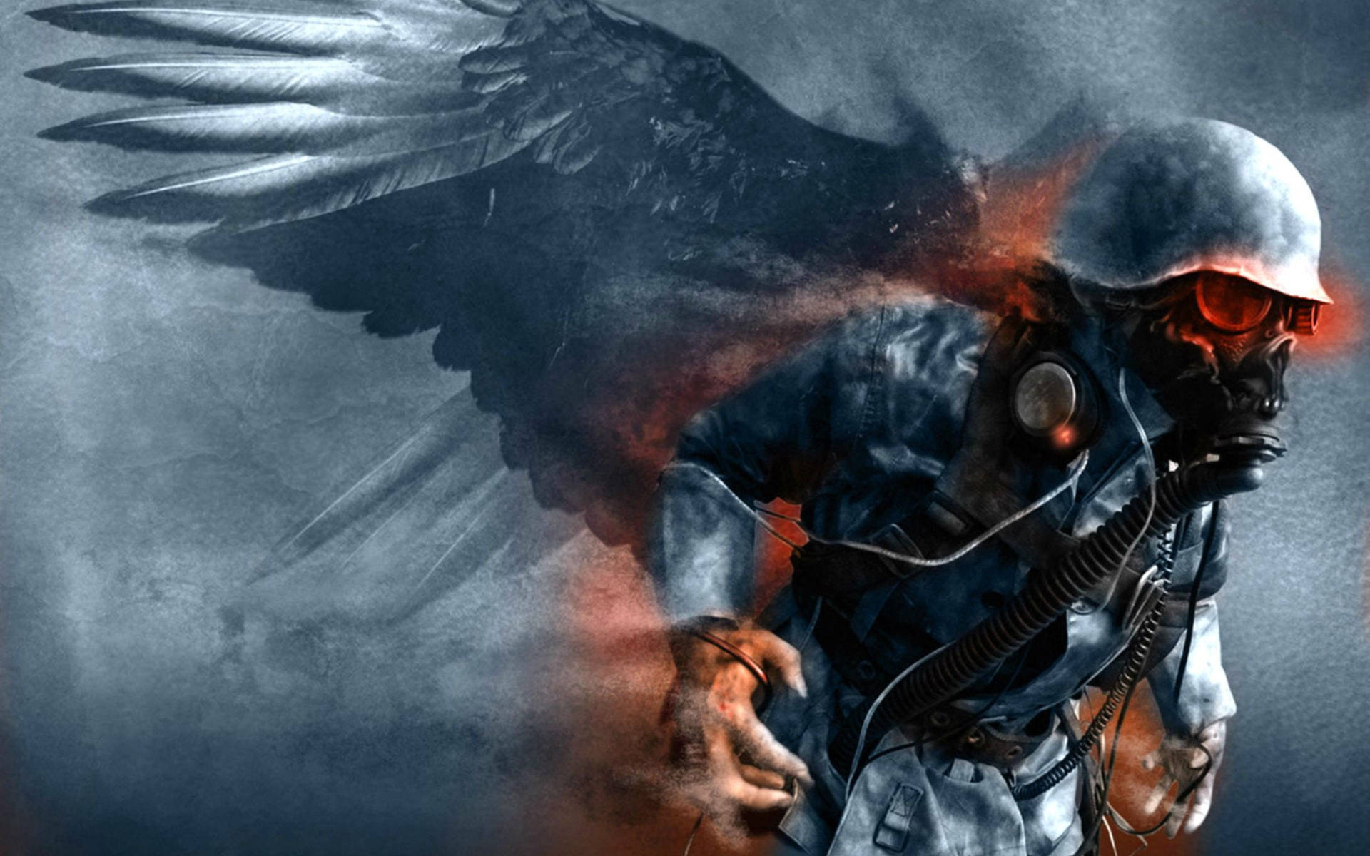 擁有黑色翅膀和發光紅眼的士兵在煙霧中。