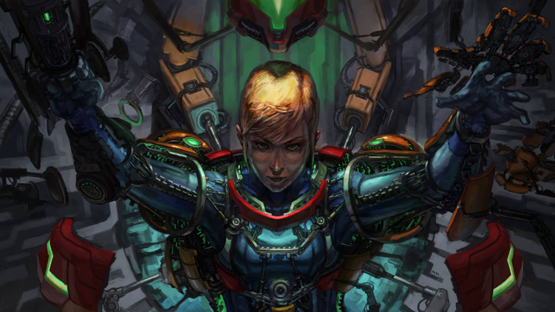 威猛的薩姆斯·阿蘭，Metroid 壁紙 — 一個堅定的賽博格戰士身穿藍紅裝甲，在機械臂和發光綠燈中挑釁地站立。