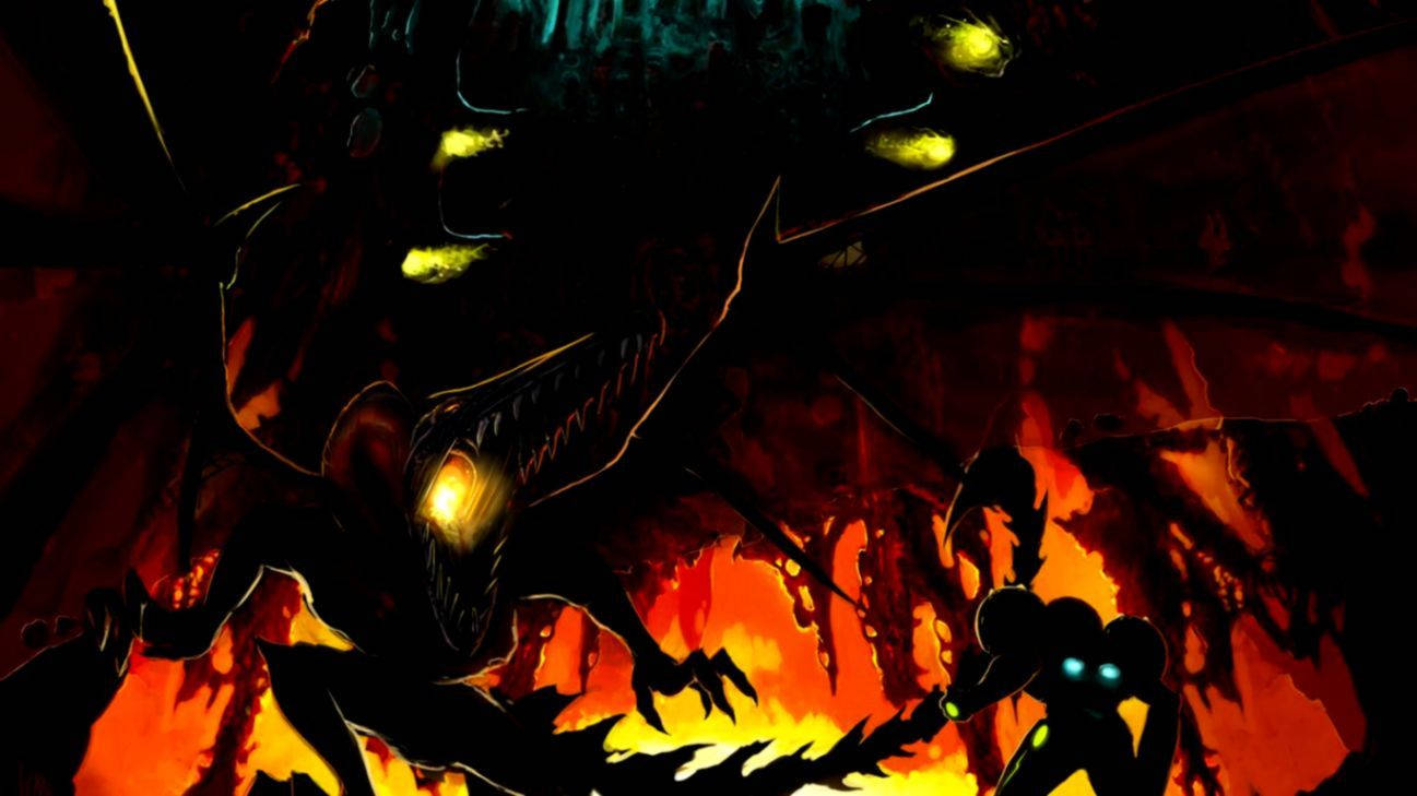 熾熱的Metroid Prime 壁紙 — 一個怪物的黑暗剪影，有著發光的黃色眼睛，籠罩在火熱的景觀上，而一個有著藍色眼睛的小人物則挑釁地站在下方。