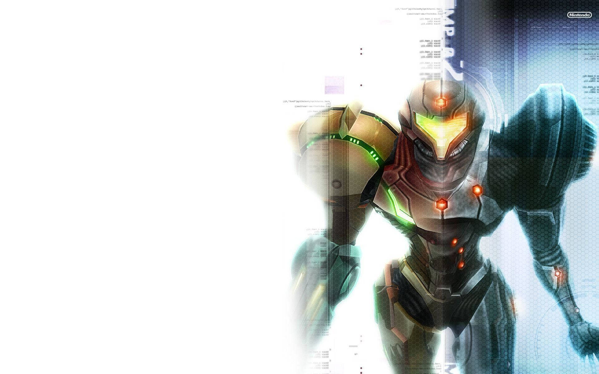 Samus Aran 穿著她的動力服，帶有發光的護目鏡和裝甲。