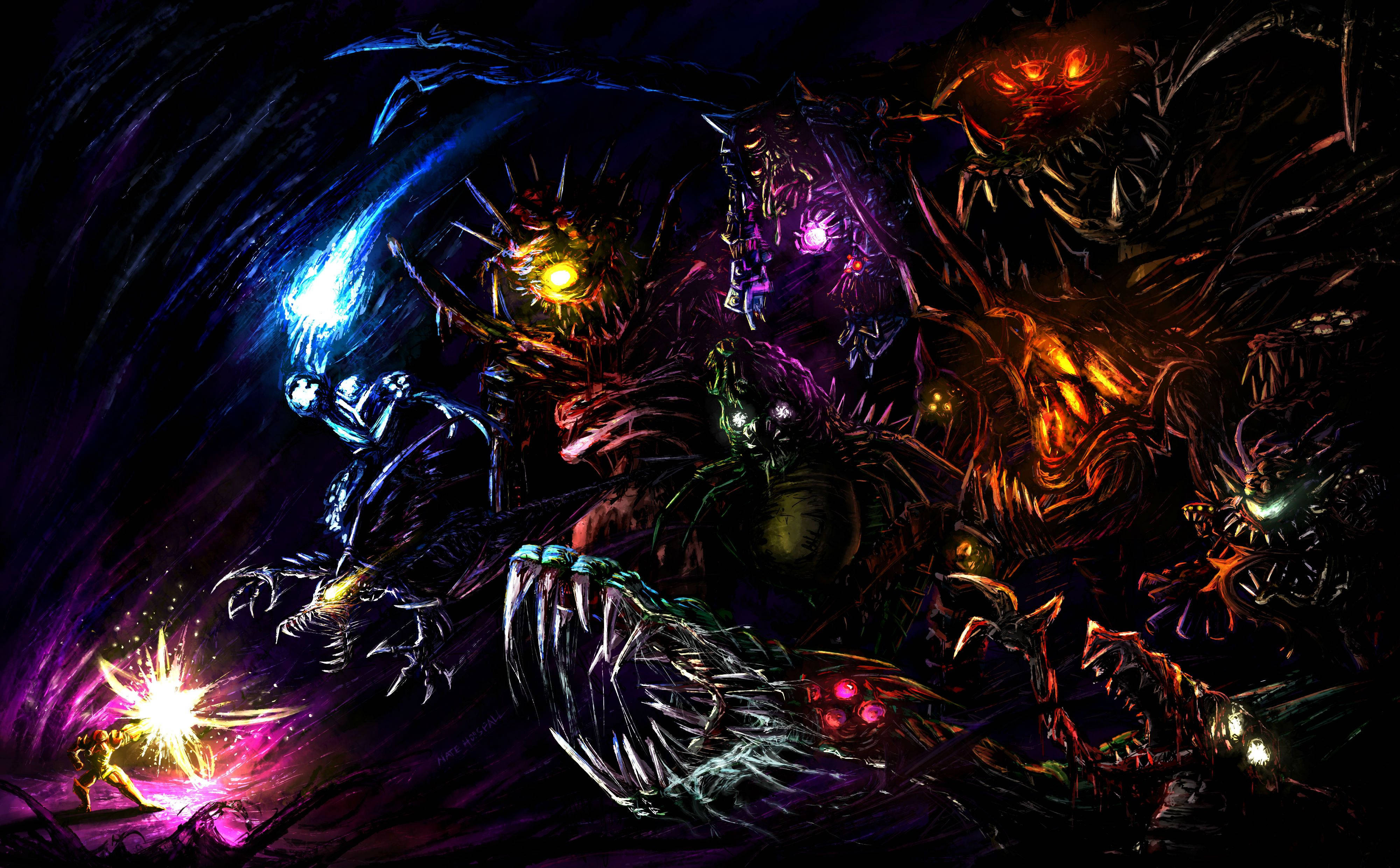 Metroid 怪物與光效 壁紙 — 一個孤獨的戰士在黑暗的宇宙戰場上與一群發光的怪物戰鬥。