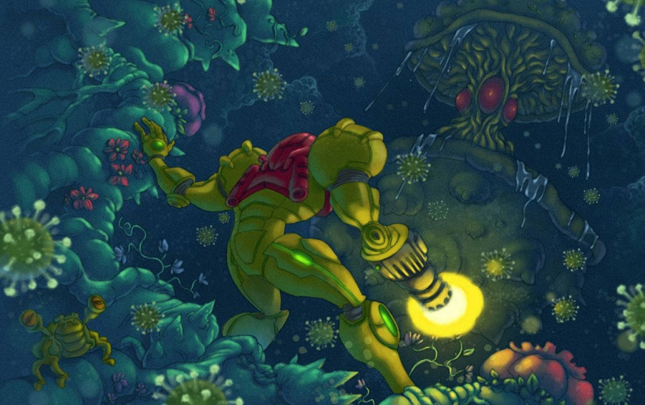 一名身穿黃色盔甲的太空探險家探索一個有紅眼生物的發光外星叢林。