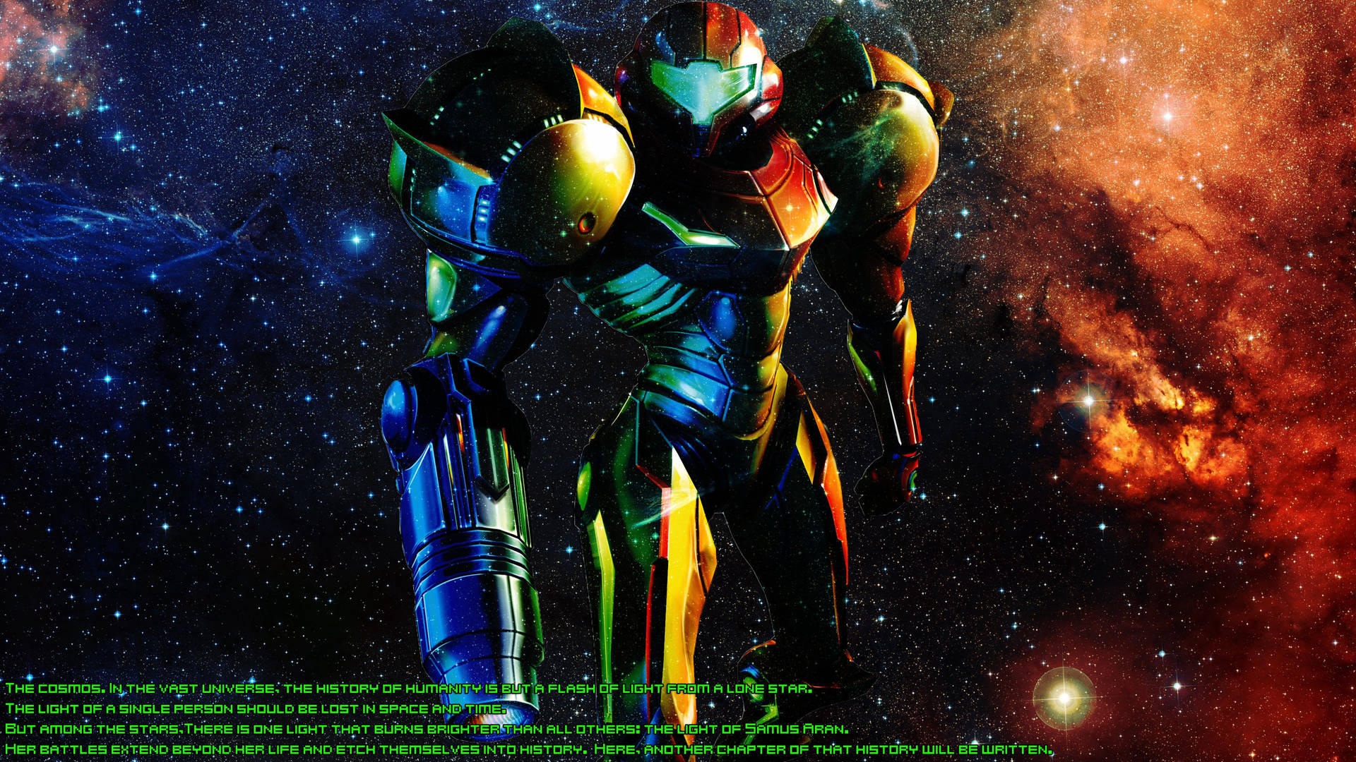 薩姆斯·亞蘭穿著能量服站在色彩繽紛、佈滿星星的太空星雲中。