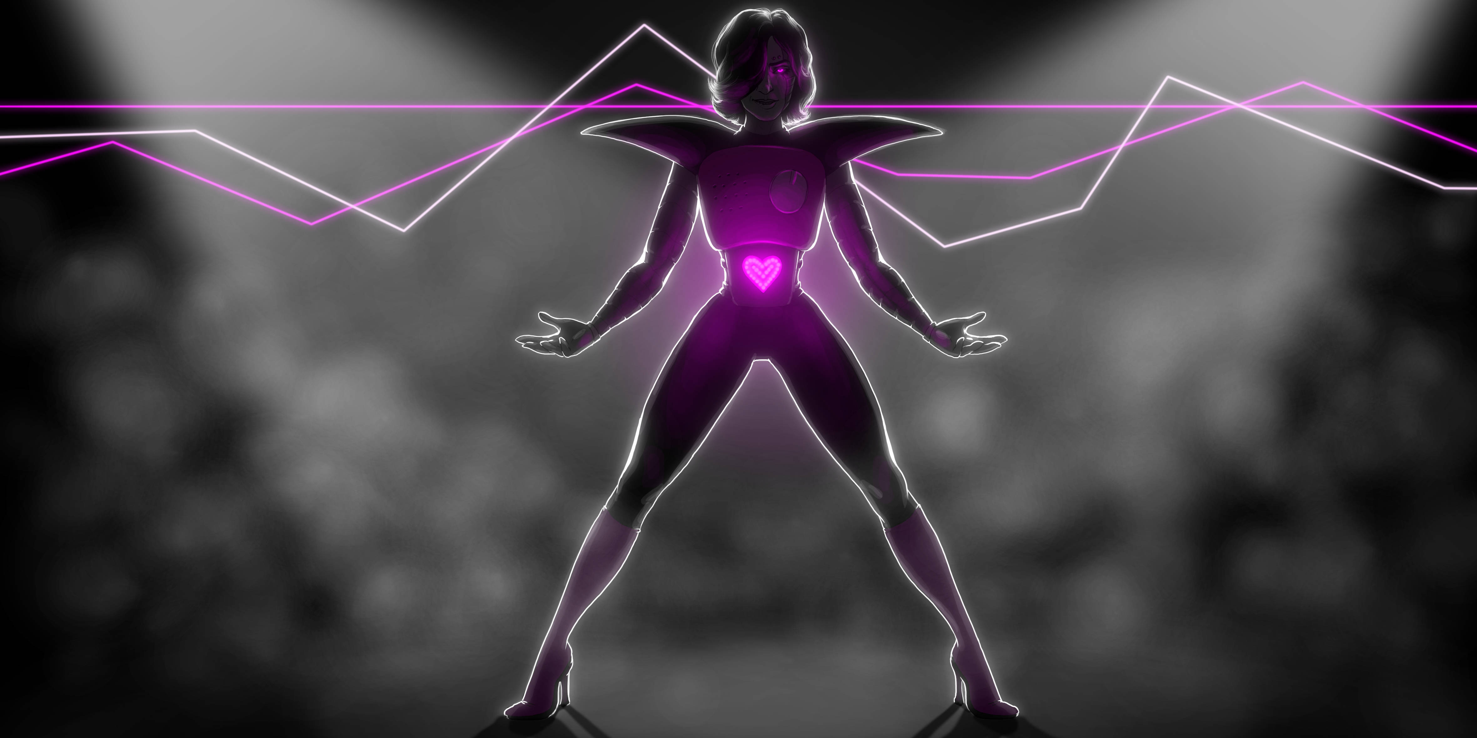 Mettaton 剪影風景 壁紙 — 一個發光的霓虹紫色女性剪影，帶有心形標誌，自信地站在煙霧瀰漫的黑暗背景前，背景有幾何光線。