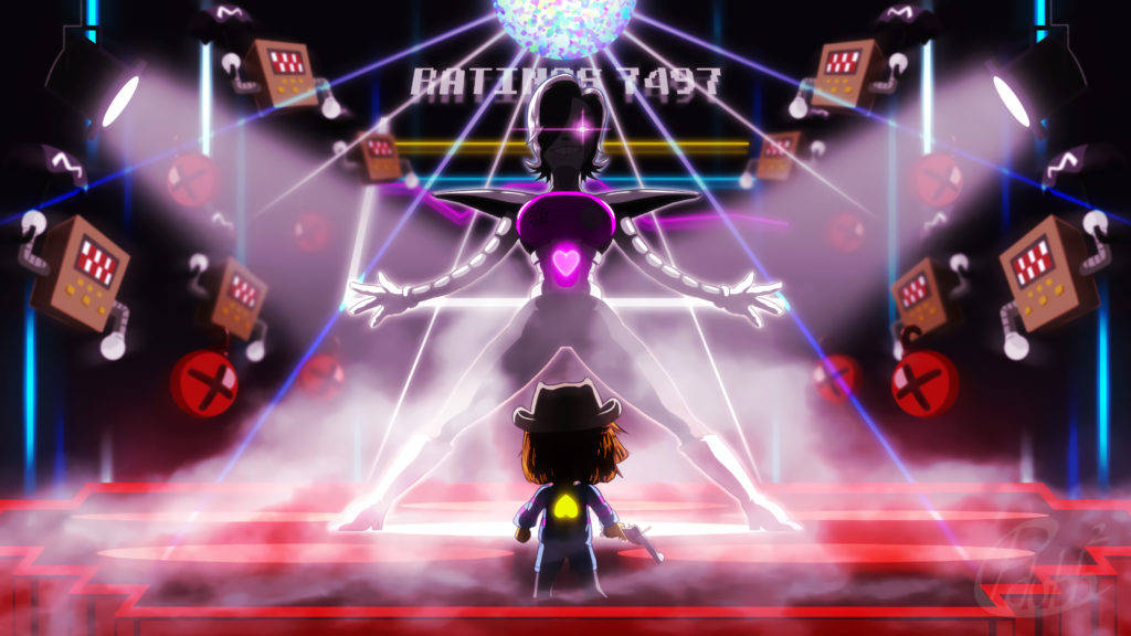 Mettaton 舞池場景 壁紙 — 一個戴著牛仔帽的小角色在迪斯科球和激光燈光下面對一個發光的紫色機械人舞者。