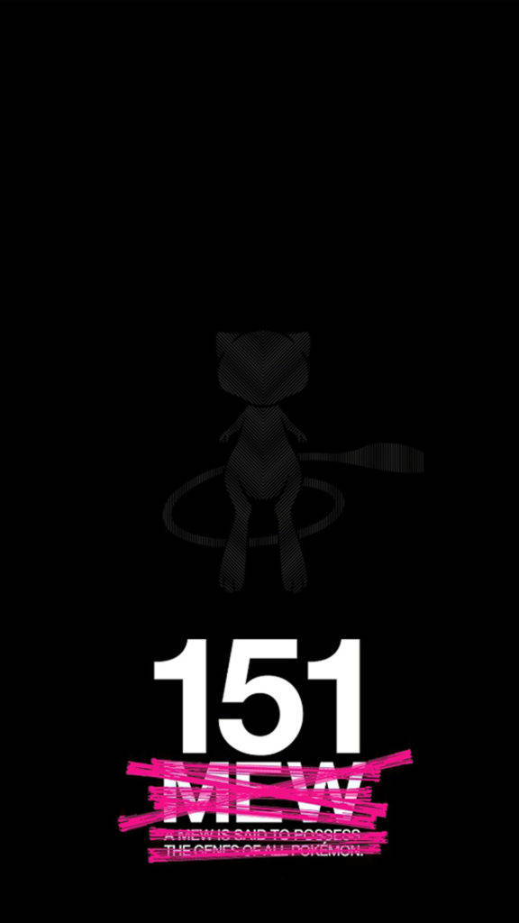 寶可夢 Mew 第151號 iPhone 壁紙 — 簡約黑色背景上，有一個像素化的夢幻剪影，位於粗體白色「151」和粉紅色刪除線「MEW」文字上方。