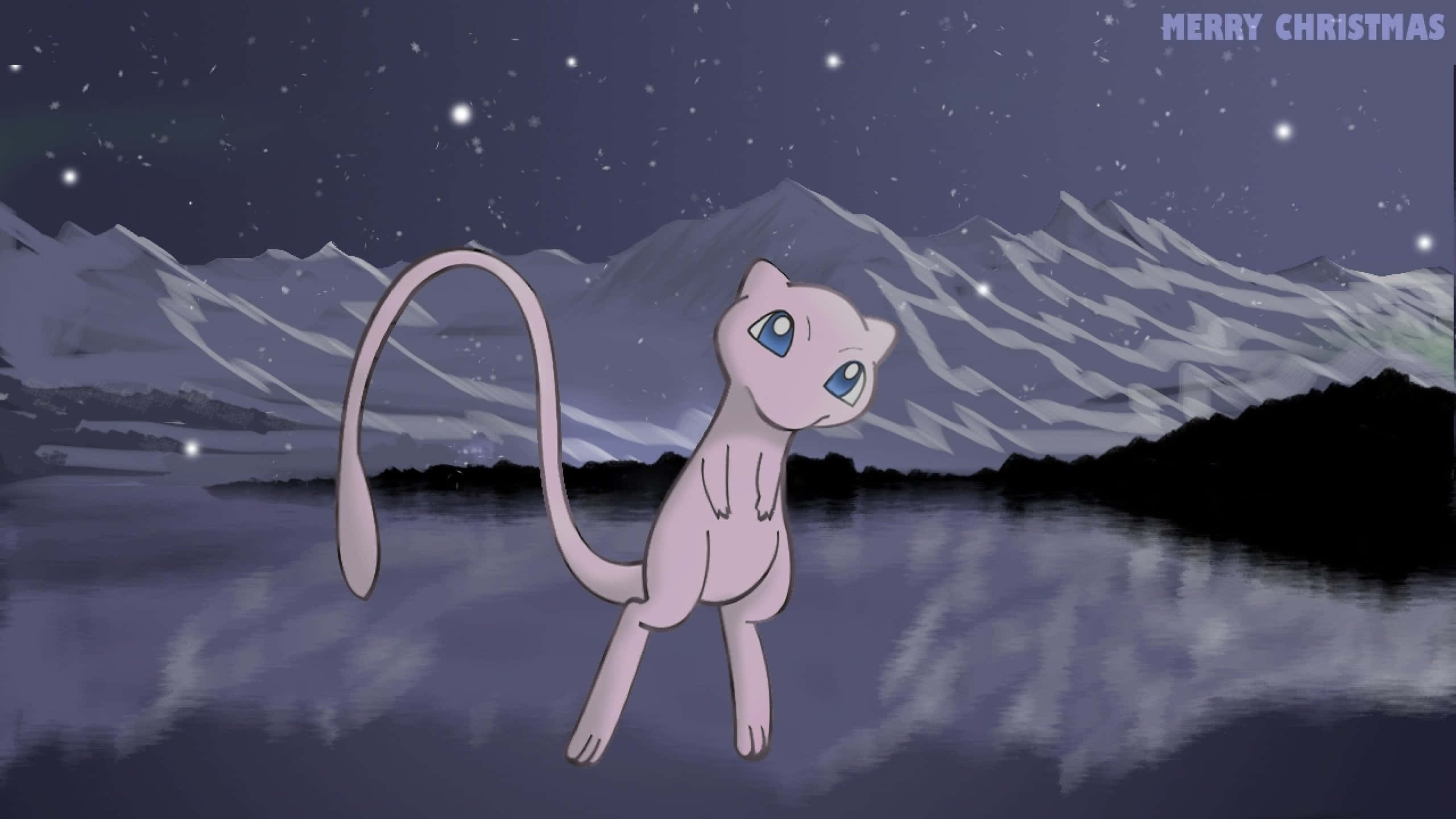 捕捉傳說Mew！ 壁紙 — 一隻粉紅色的超夢站在繁星點點的湖邊，湖面映照著白雪覆蓋的山峰，背景是深紫色的夜空。