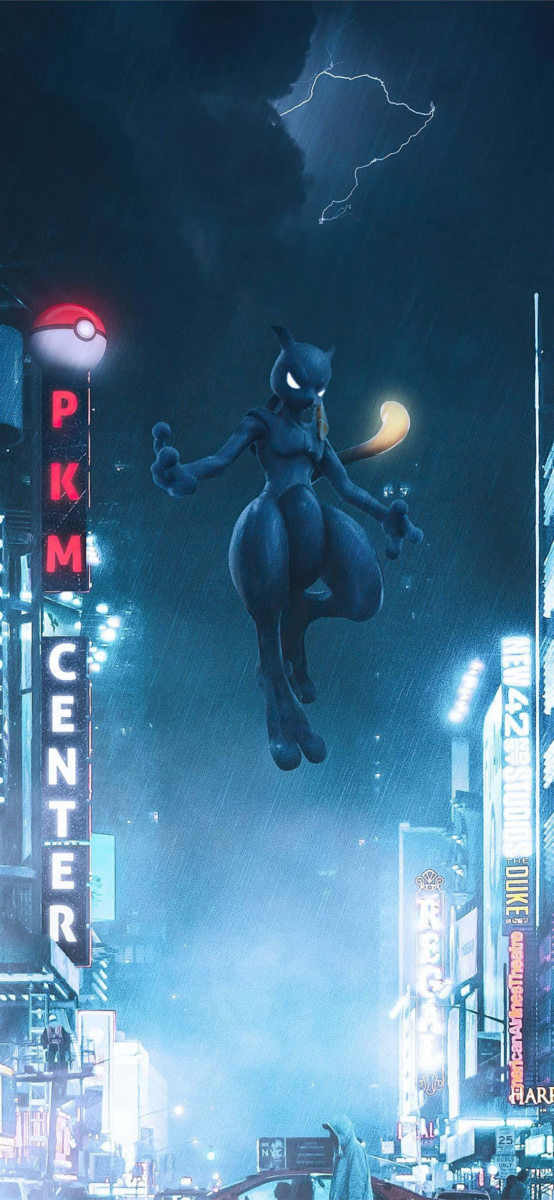傳說寶可夢Mew 壁紙 — 發光的超夢在雨中霓虹燈照亮的城市景觀上空盤旋，天空中有閃電風暴。