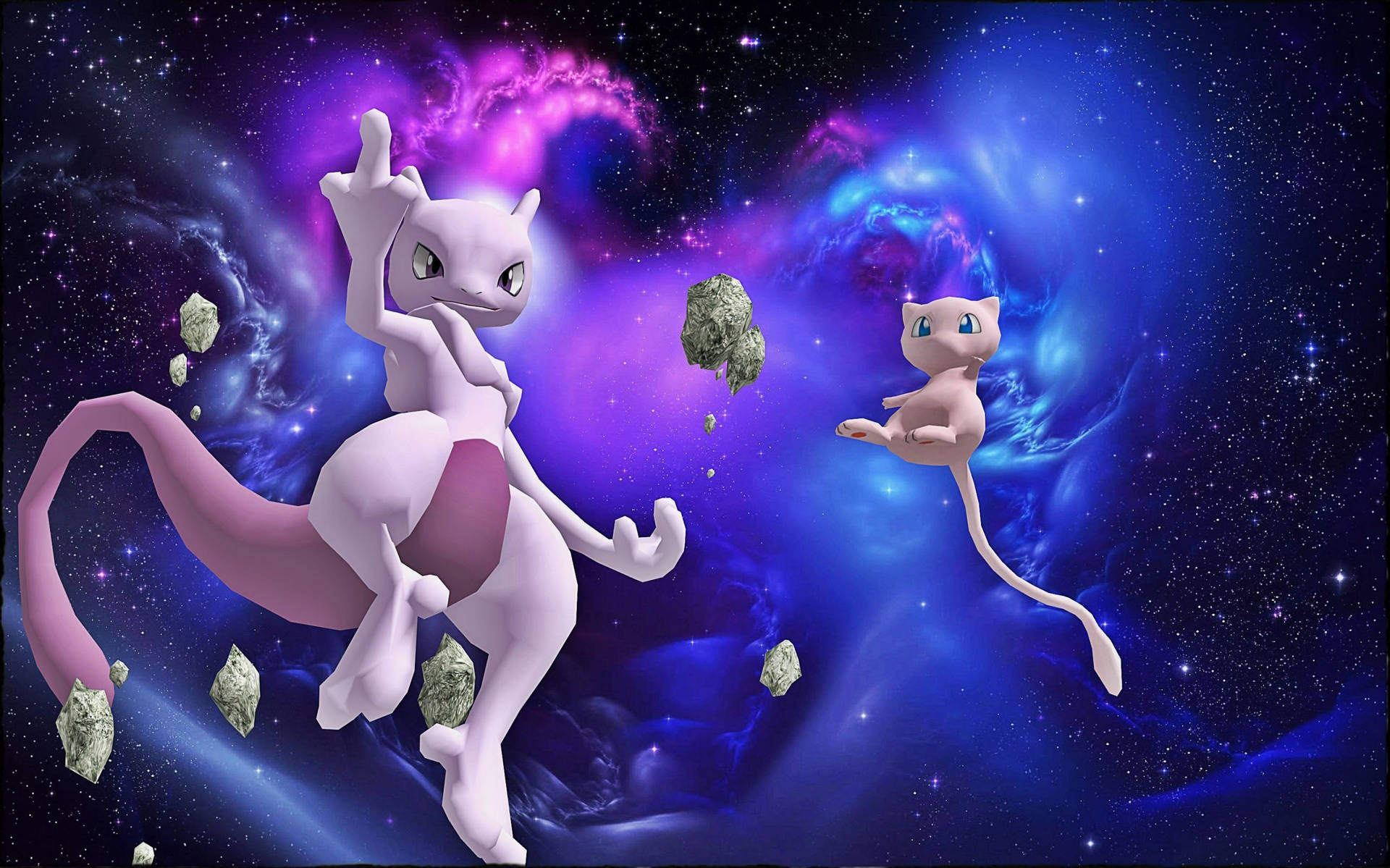 超夢夢和夢幻在色彩繽紛的星際銀河中漂浮，伴有浮石。
