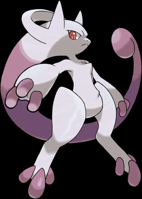 強大念力寶可夢 Mewtwo 壁紙 — 一隻雄偉的白色和紫色超夢，擁有發光的紅色眼睛，在黑色背景前自信地擺姿勢。