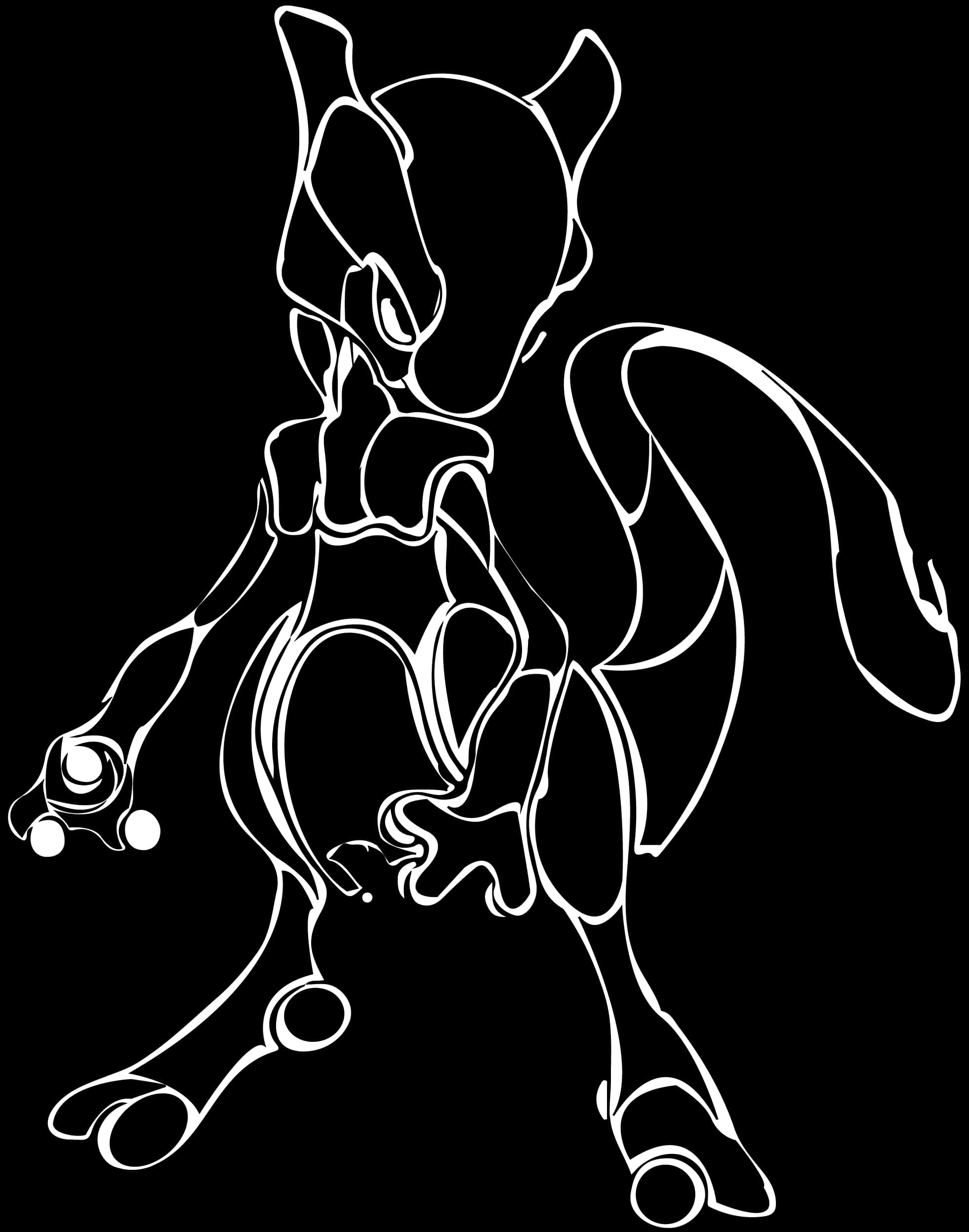 Mewtwo 黑白線稿插畫 壁紙 — 一個大膽的白色線條藝術剪影，超夢夢動感地站在純黑色背景上。