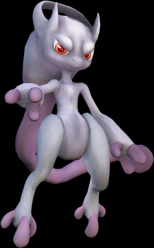 強大念力寶可夢 Mewtwo 壁紙 — 一隻光滑的白色和薰衣草色超夢，發光的紅色眼睛，在純黑色背景上蓄勢待發。
