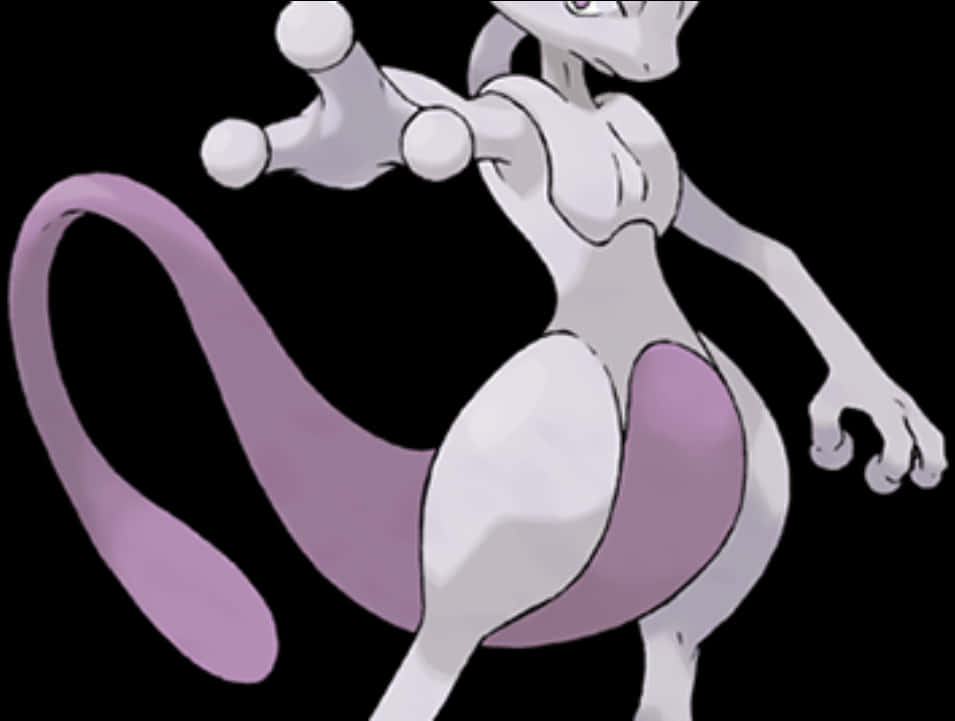 強大的寶可夢Mewtwo 壁紙 — 一隻光滑的白色和薰衣草色超夢站在純黑色背景前，眼睛發光，雙臂伸展。