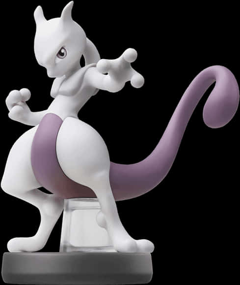 Mewtwo Amiibo人偶 壁紙 — 一個白色和紫色的 Mewtwo Amiibo 公仔在黑色背景上動態擺姿勢。