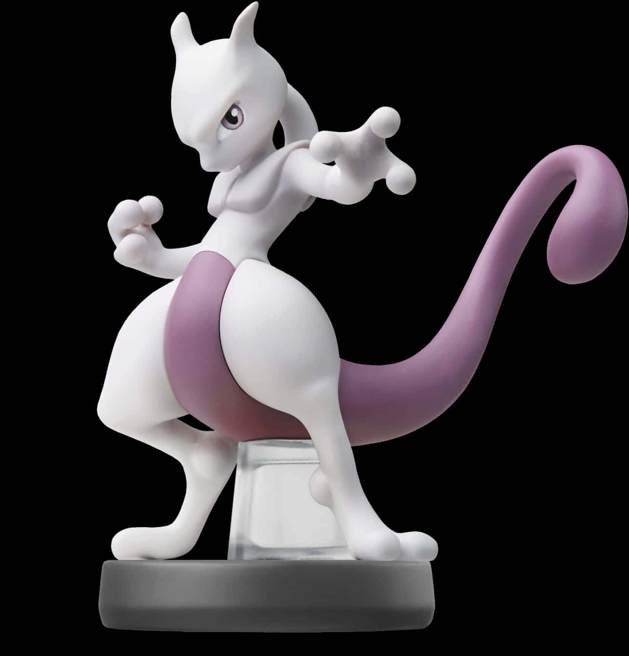 Mewtwo Amiibo人偶姿勢 壁紙 — 一個白色和紫色的 Mewtwo Amiibo 公仔在黑色背景上動態擺姿勢。
