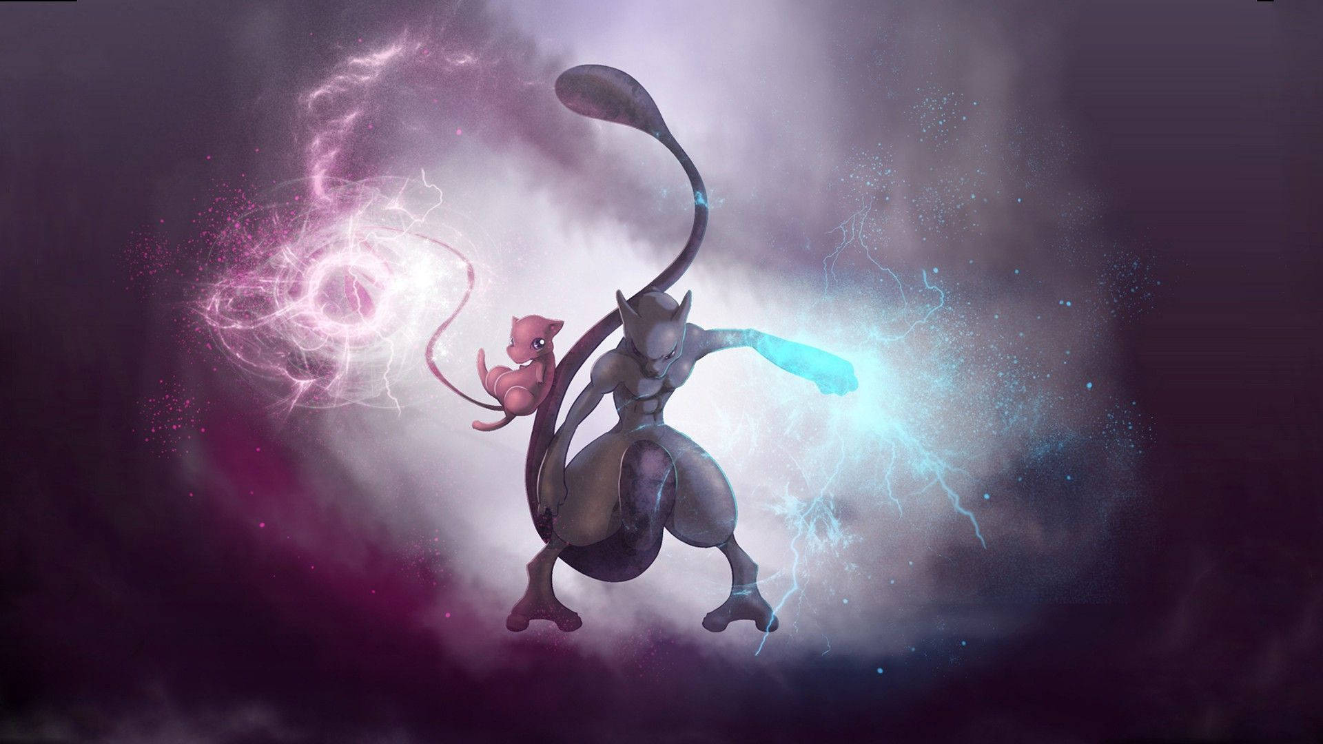 Mew 與 Mewtwo 合作！ 壁紙 — 超夢夢和夢幻在旋轉的紫色和藍色能量中戰鬥，處於戲劇性的宇宙風暴中。