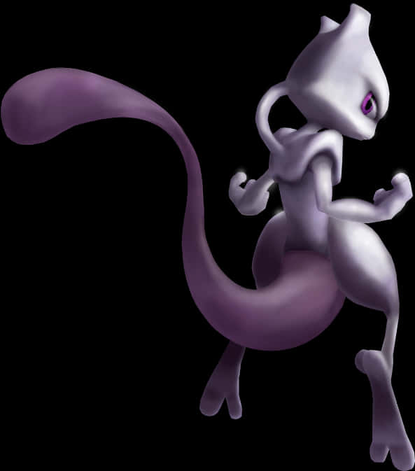 寶可夢角色Mewtwo 壁紙 — 一隻光滑的紫色超夢站在純黑背景前，眼睛發光，四肢肌肉發達。