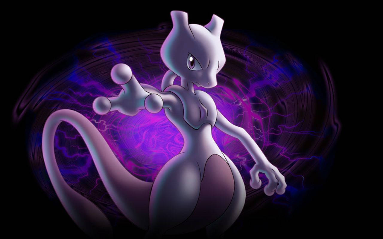 傳說寶可夢Mewtwo 壁紙 — 一隻威嚴的超夢在黑暗背景中，面對著旋轉的紫色能量漩渦，擺出姿勢。