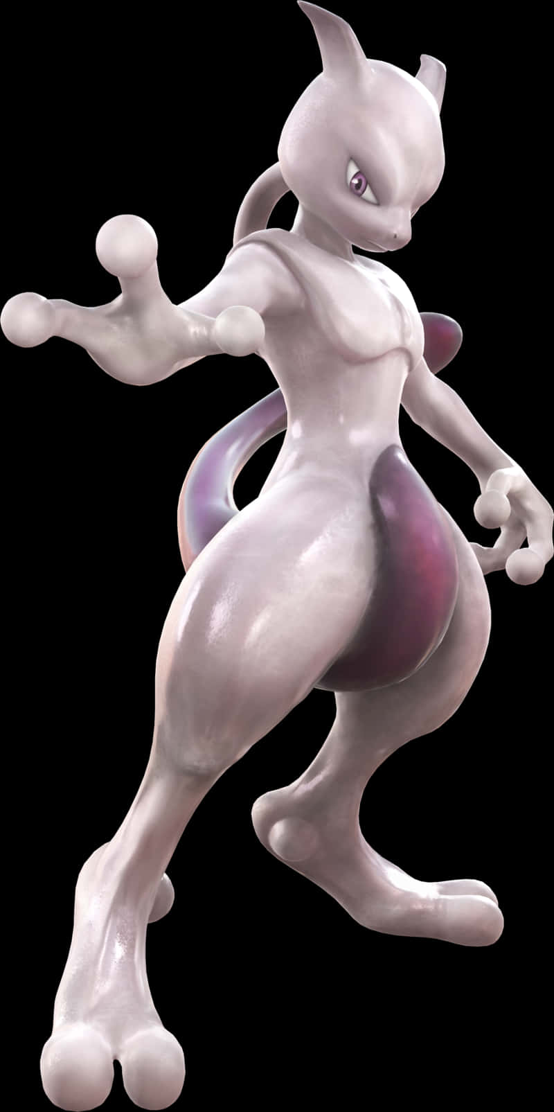 強大的念力寶可夢Mewtwo 壁紙 — 一隻光滑的白色和紫色超夢站在黑色背景前，眼睛發光，雙手伸出。