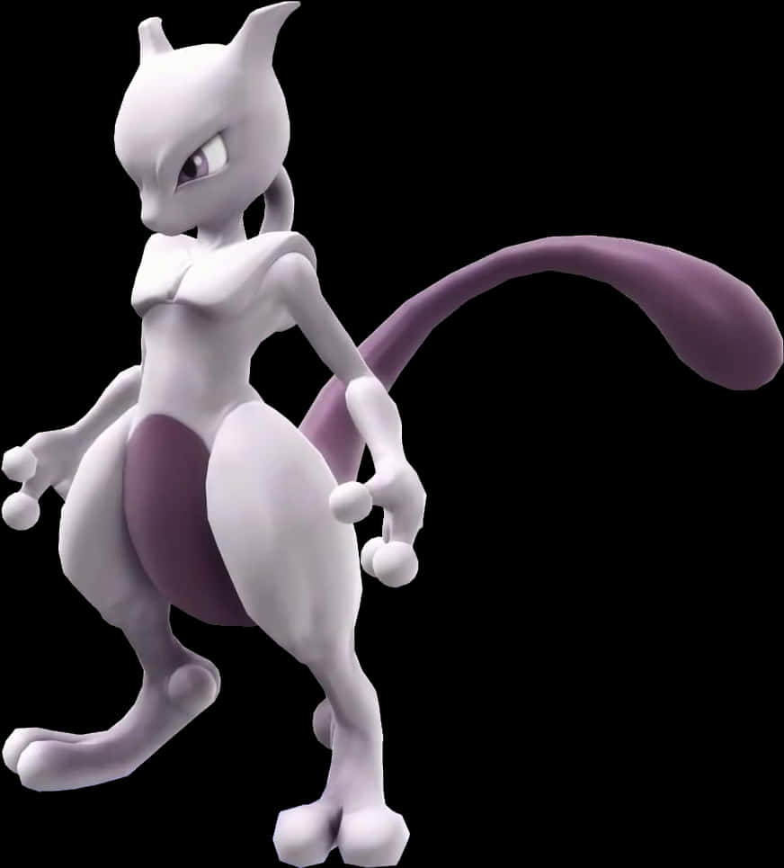 寶可夢 Mewtwo 角色簡介 壁紙 — 一隻光滑的白色和紫色超夢站在純黑色背景前，眼睛發光。