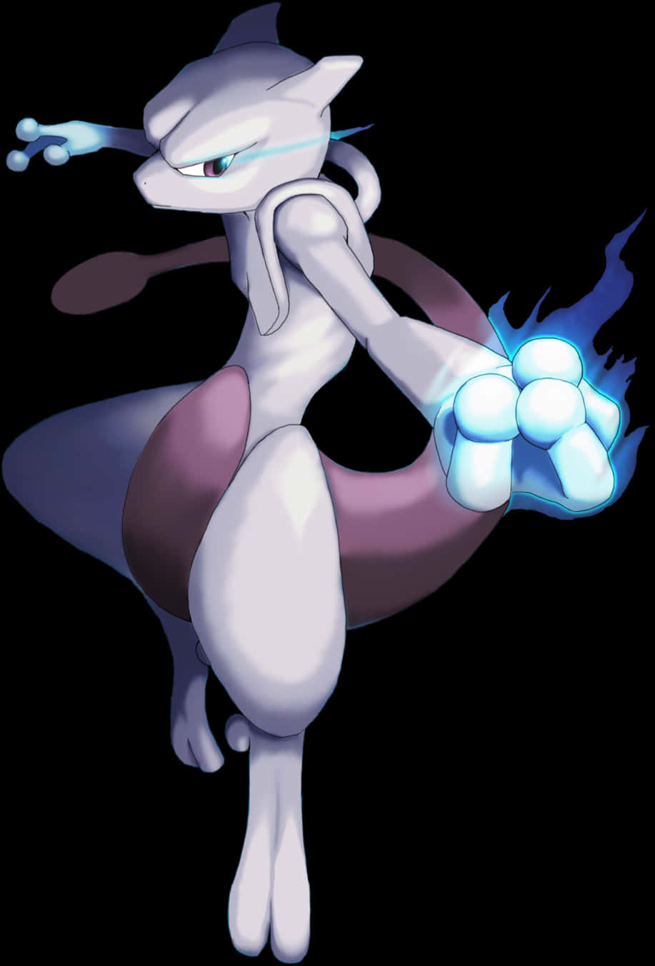 強大念力寶可夢 Mewtwo 壁紙 — 超夢夢站在黑色背景前，拳頭和尾巴尖端發出藍色能量，噼啪作響。