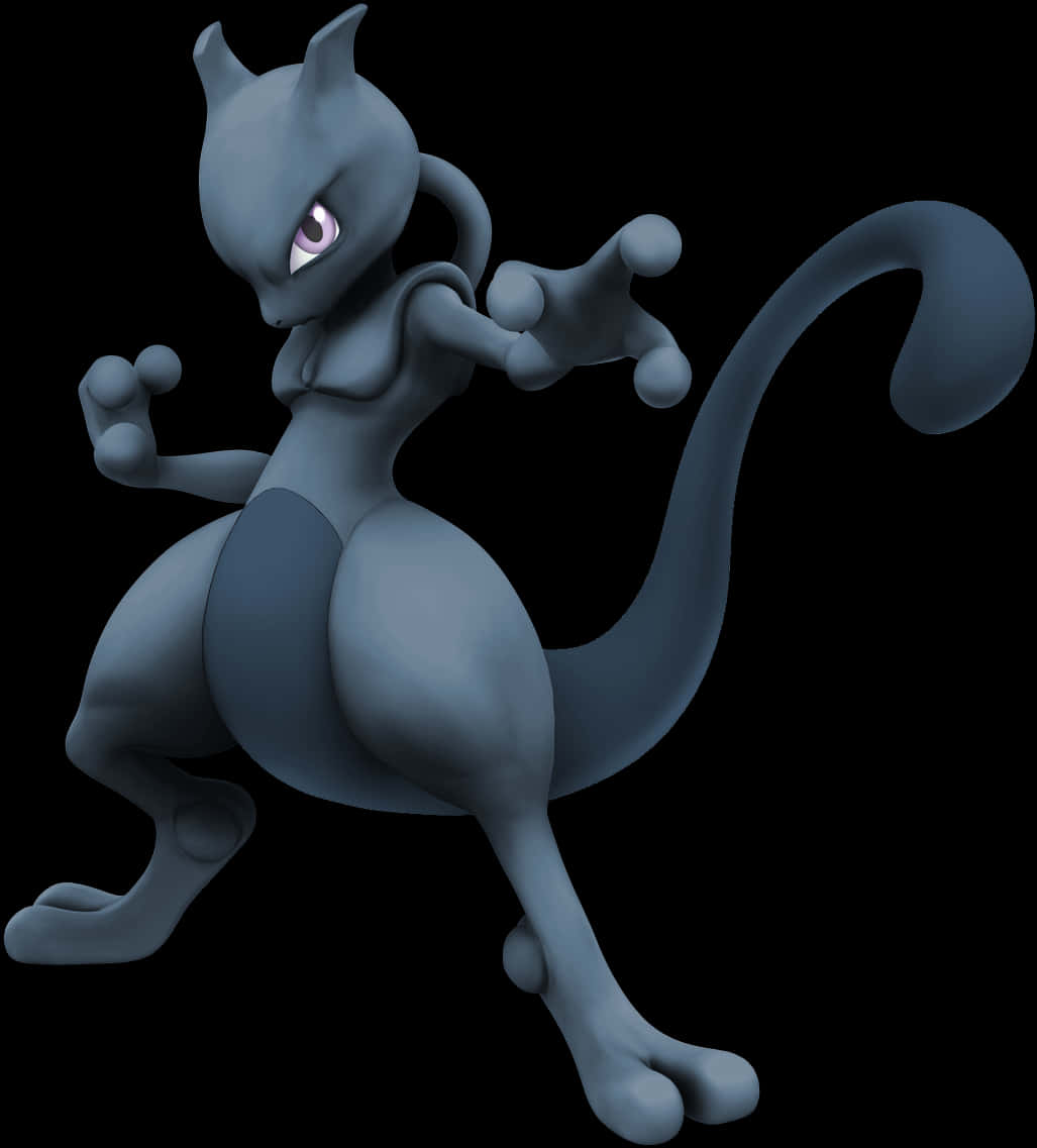 Mewtwo 強大心靈寶可夢 壁紙 — 一隻時尚的藍色超夢夢站在黑色背景前，擁有發光的紫色眼睛和彎曲的尾巴。