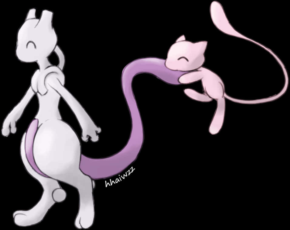 Mewtwo 與 Mew 合作插畫 壁紙 — 一隻白色的超夢和一隻粉紅色的夢幻在帶有柔和紫色點綴的黑色背景上平靜地漂浮。