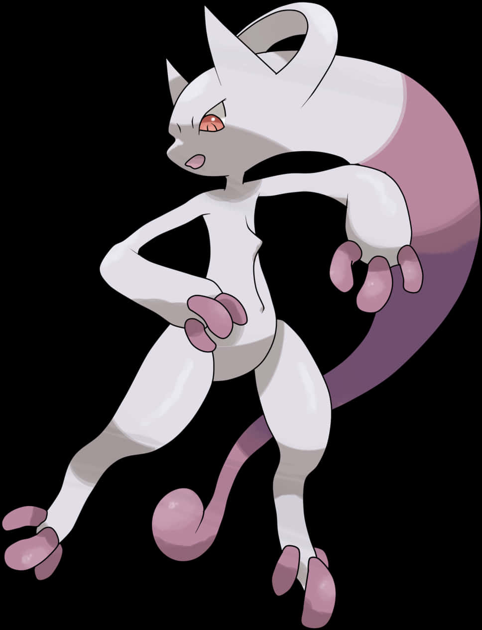 寶可夢 Mewtwo 人物插畫 壁紙 — 一隻時尚的白色和紫色超夢站在黑色背景前，眼睛發出紅光，姿勢充滿動感。